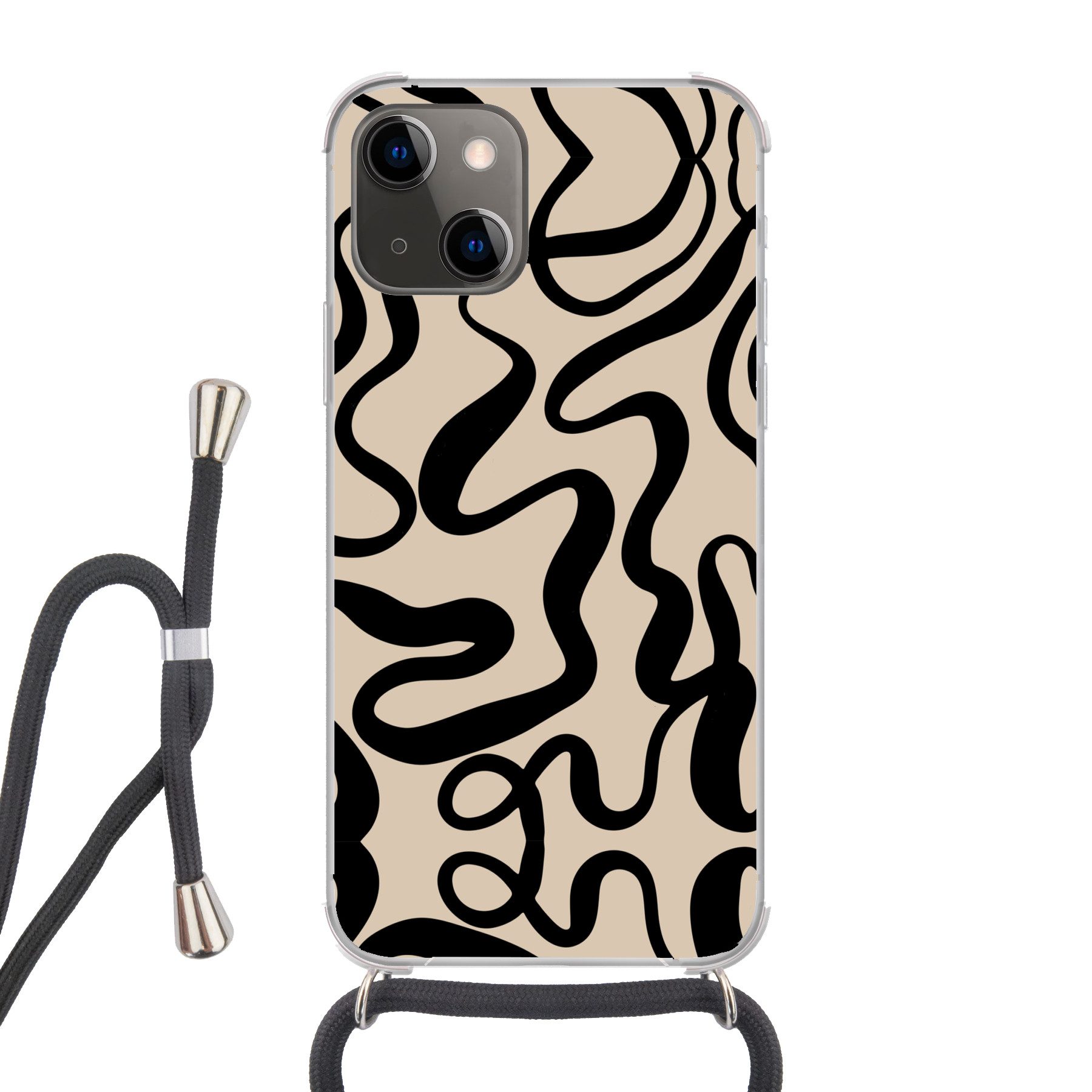 MuchoWow Handyhülle für Apple iPhone 13 Mini Linien - Schwarz - Beige - Abstrakt - Minimal, Tragbare Handyhüllen mit Kette zum umhängen, Handykette Handyband
