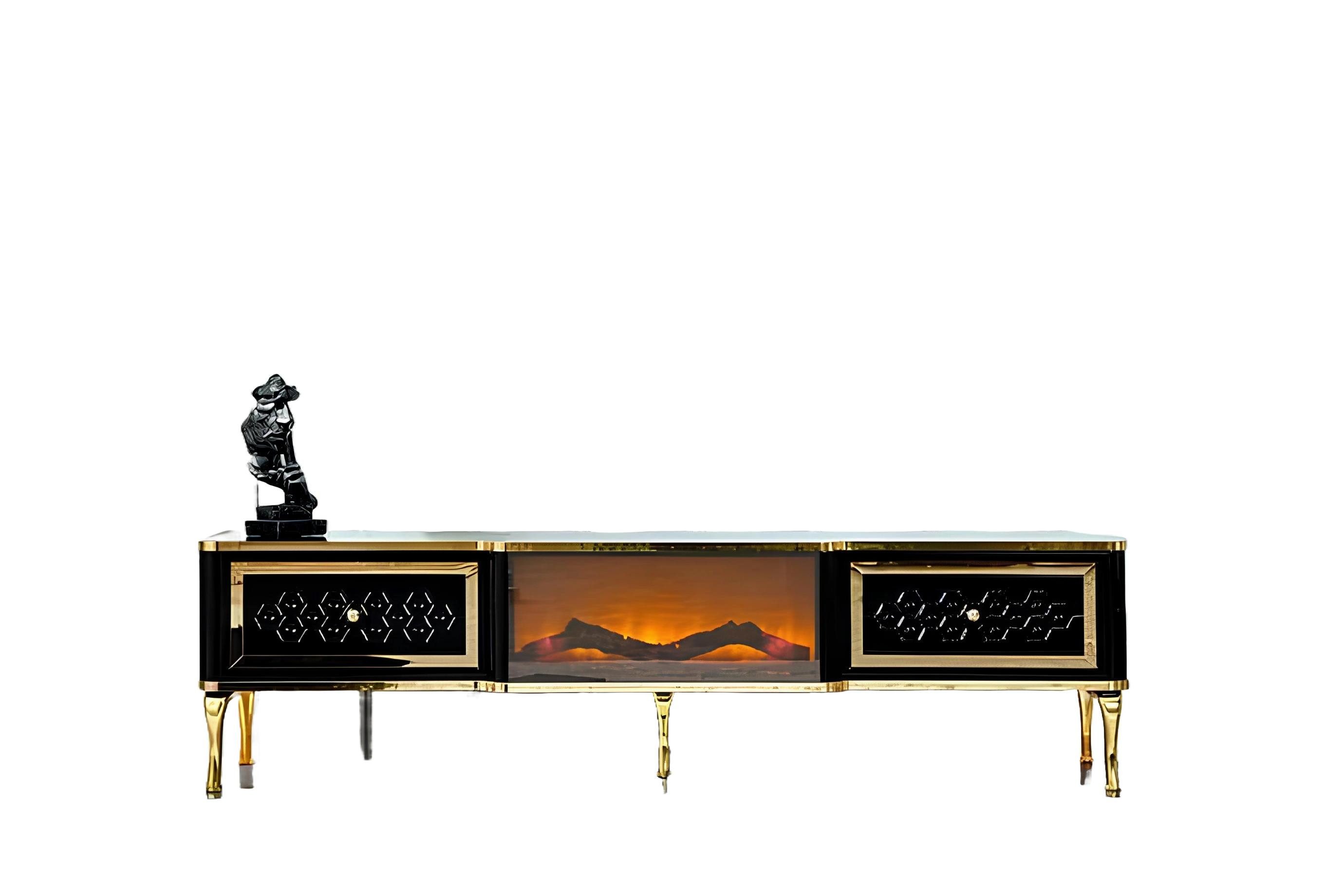 Xlmoebel TV-Board Schwarzes TV-Sideboard mit Kaminimitat und praktischem Stauraum (TV-Sideboard, 1 St., TV-Lowboard), Hergestellt in Europa