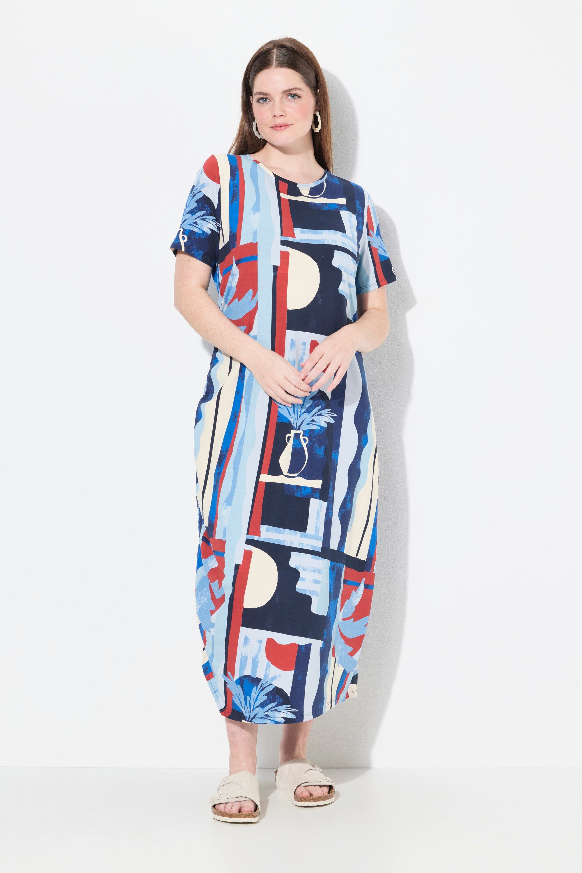 Ulla Popken Midikleid Maxikleid Vasen Rundhals Halbarm Biobaumwolle günstig online kaufen