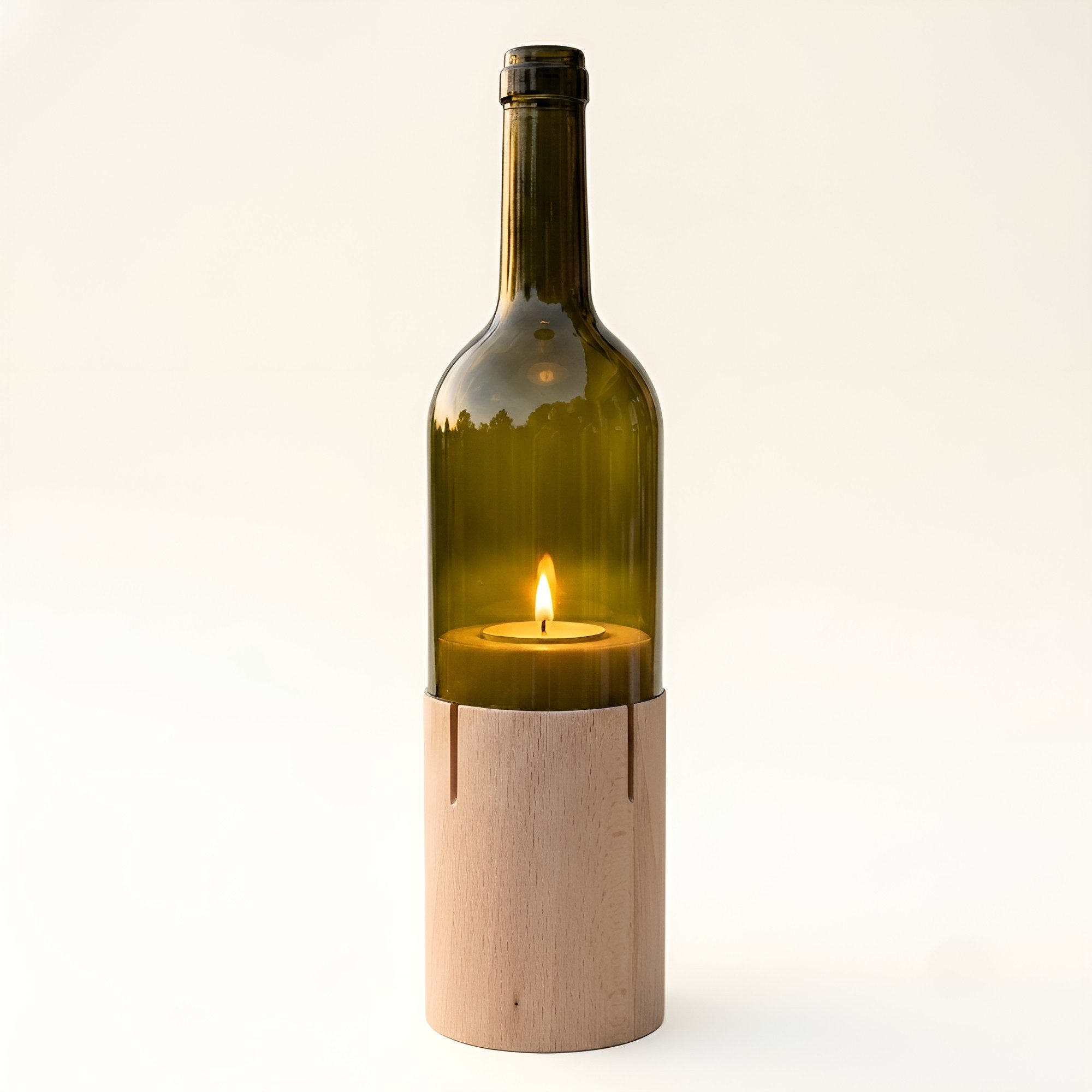 Upglassic Windlicht Teelichthalter aus echter Weinflasche & Buchenholz – Elegantes Unikat (1x Upcycling-Windlicht (7,5 x 30 cm) Tischdeko), Upcycling-Glas aus alten Weinflaschen