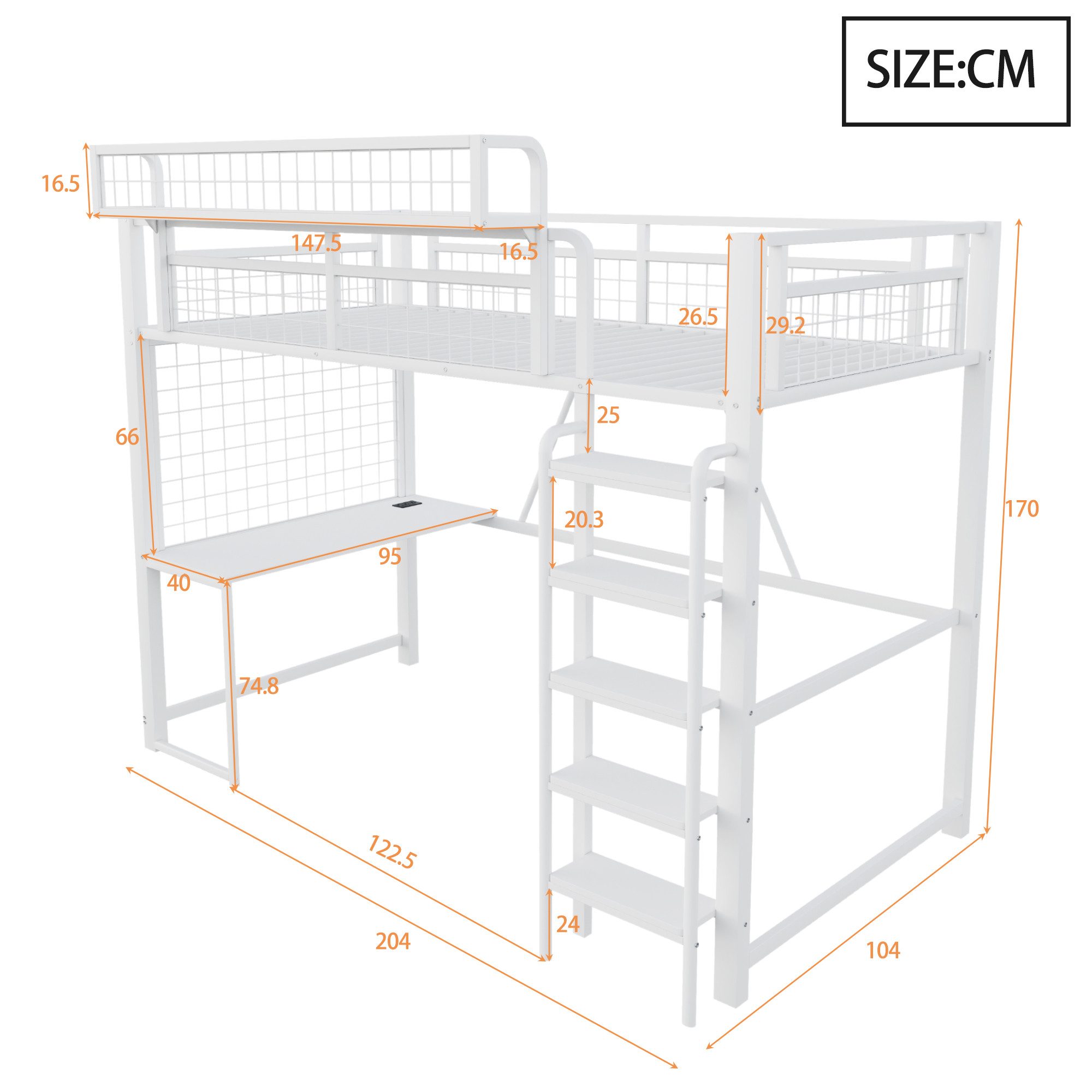 Celya Hochbett 90 x 200 cm, Mit Schreibtisch, LED-Beleuchtung und Steckdose (ohne Matratze, Mit Leiter und Sicherheitsgeländer) Mit Aufbewahrungsnetz, Abnehmbarem Ablagekorb