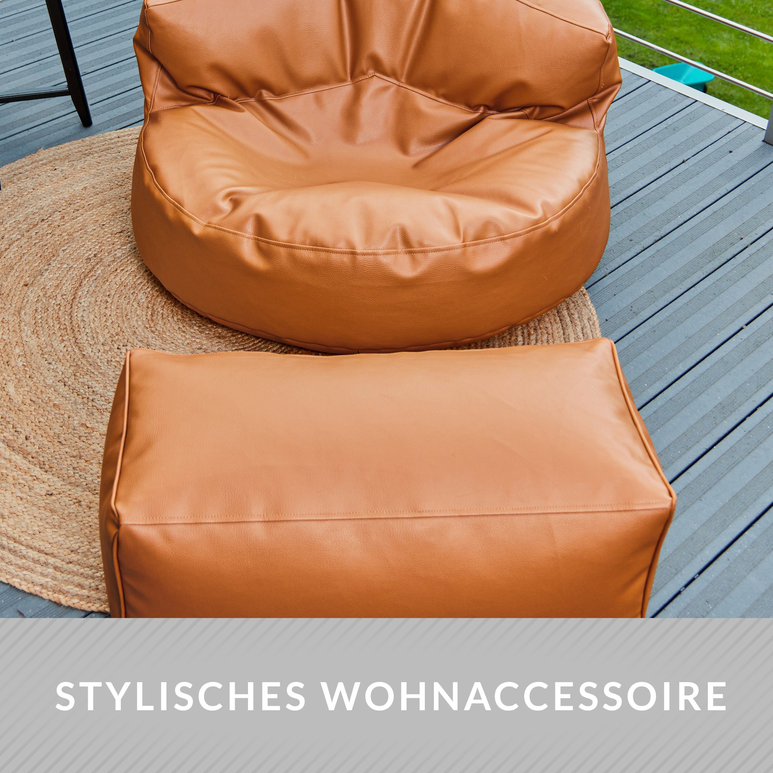 XXL Kunstleder, aus + ca. Ottomane Perlen Sitzsack EPS Set Füllung Riesensitzsack Sofa Green Sitzsack als Cognac Lounge 90x45cm Bean Couch Pouf -
