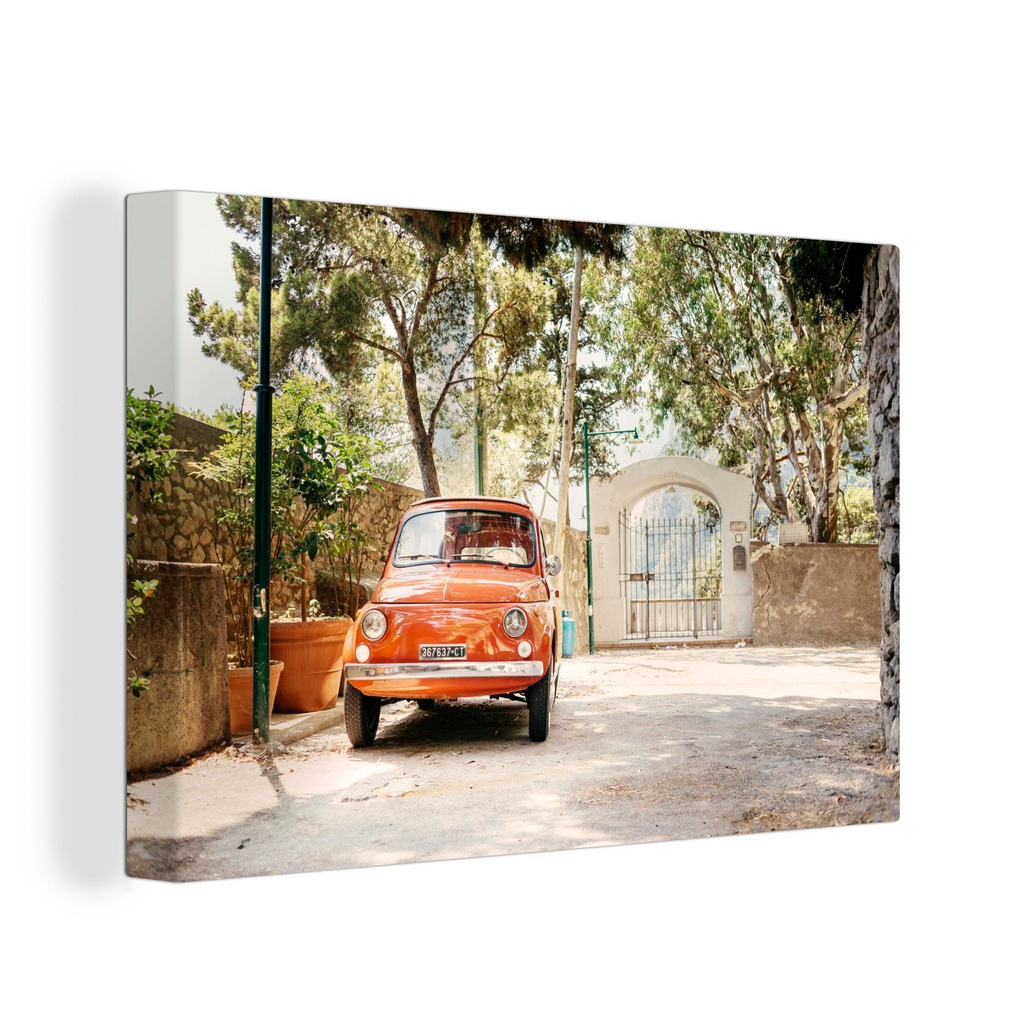 OneMillionCanvasses® Leinwandbild Einzigartiges Auto geparkt in den Straßen von Capri, (1 St), Wandbild Leinwandbilder, Aufhängefertig, Wanddeko, 30x20 cm