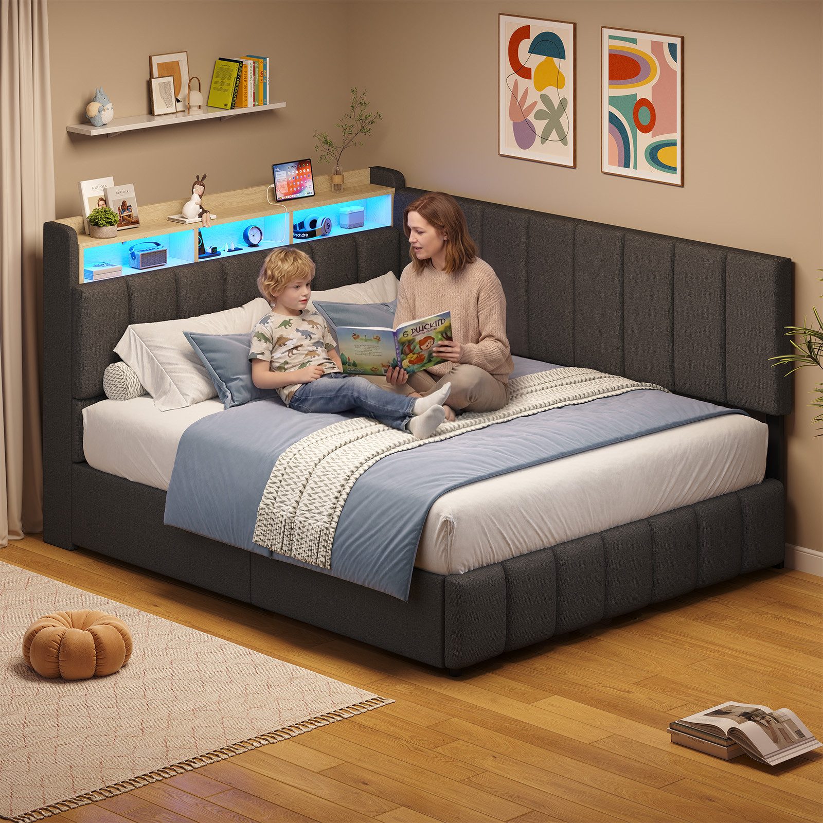 KIMENICH Jugendbett Polsterbett mit LED, Ladestation & Bettkas, Daybett, Schlafsofa (Ohne Matratze), Tagesbett für Schlaf- und Gästezimmer in 140 x 200 cm