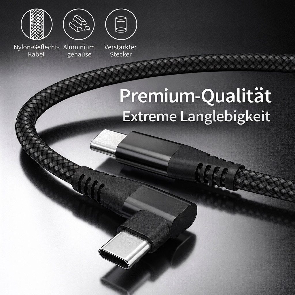 Kevin Frotscher (FroShop) 60W USB-C auf USB-C Schnellladekabel 0,5 m 90° Winkelstecker Nylon Smartphone-Ladegerät (geflochten 480 Mbps Daten, für Samsung iPhone iPad Xiaomi Lenovo Huawei Tablet - Schwarz)