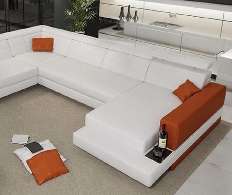 JVmoebel Ecksofa Designer Wohnlandschaft U-Form Couch Ecksofa Polster Garnitur, Made in Europe Weiß/Orange
