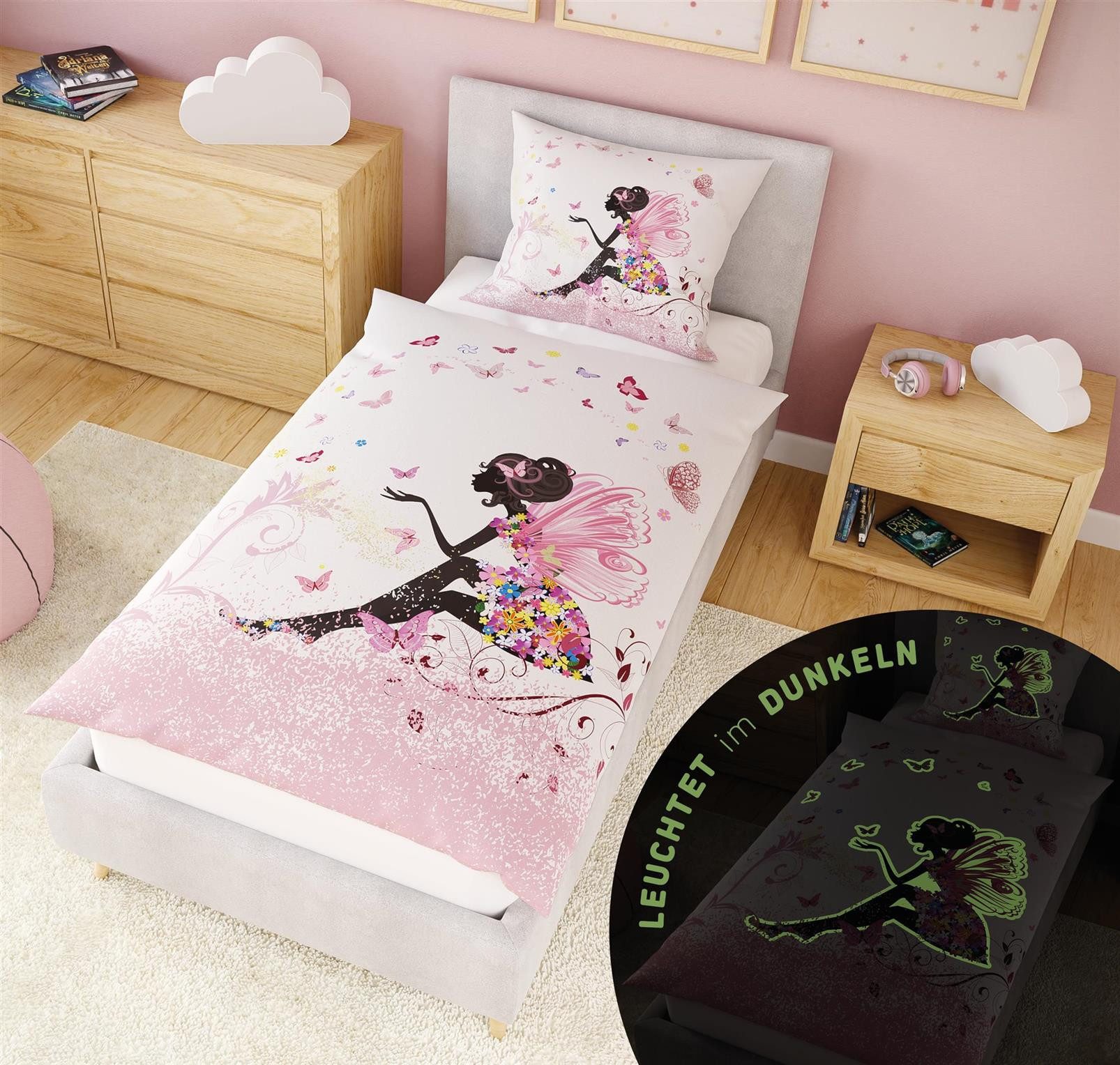 Carpe Sonno Kinderbettwäsche 135 x 200 Mädchen Leuchtende Bettwäsche Kinder Rosa Fee Schmetterlinge, Renforcé, 2 teilig, GLOW IN THE DARK Bettbezug 135x200 - OEKO-TEX, 100% Baumwolle