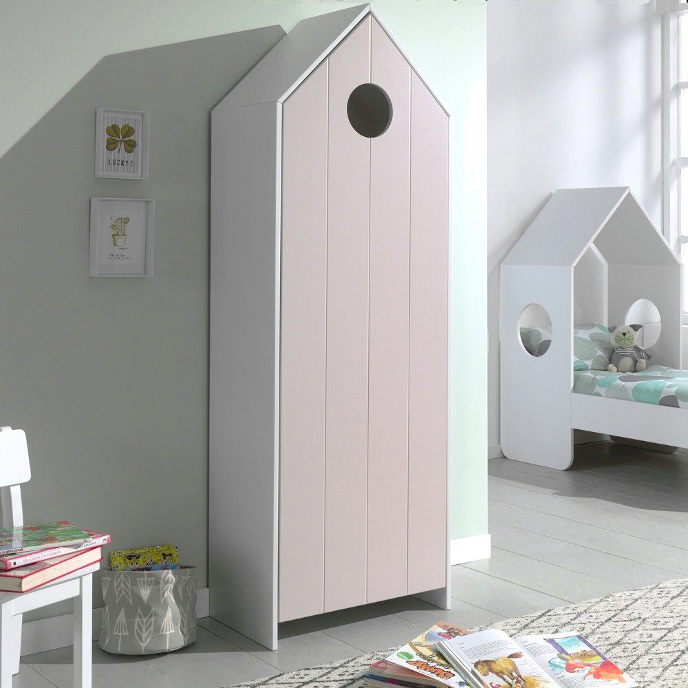 Kindermöbel 24 Kinderkleiderschrank / Einlegeböden Pink 1-trg inkl Maxi Weiß +Kleiderstange