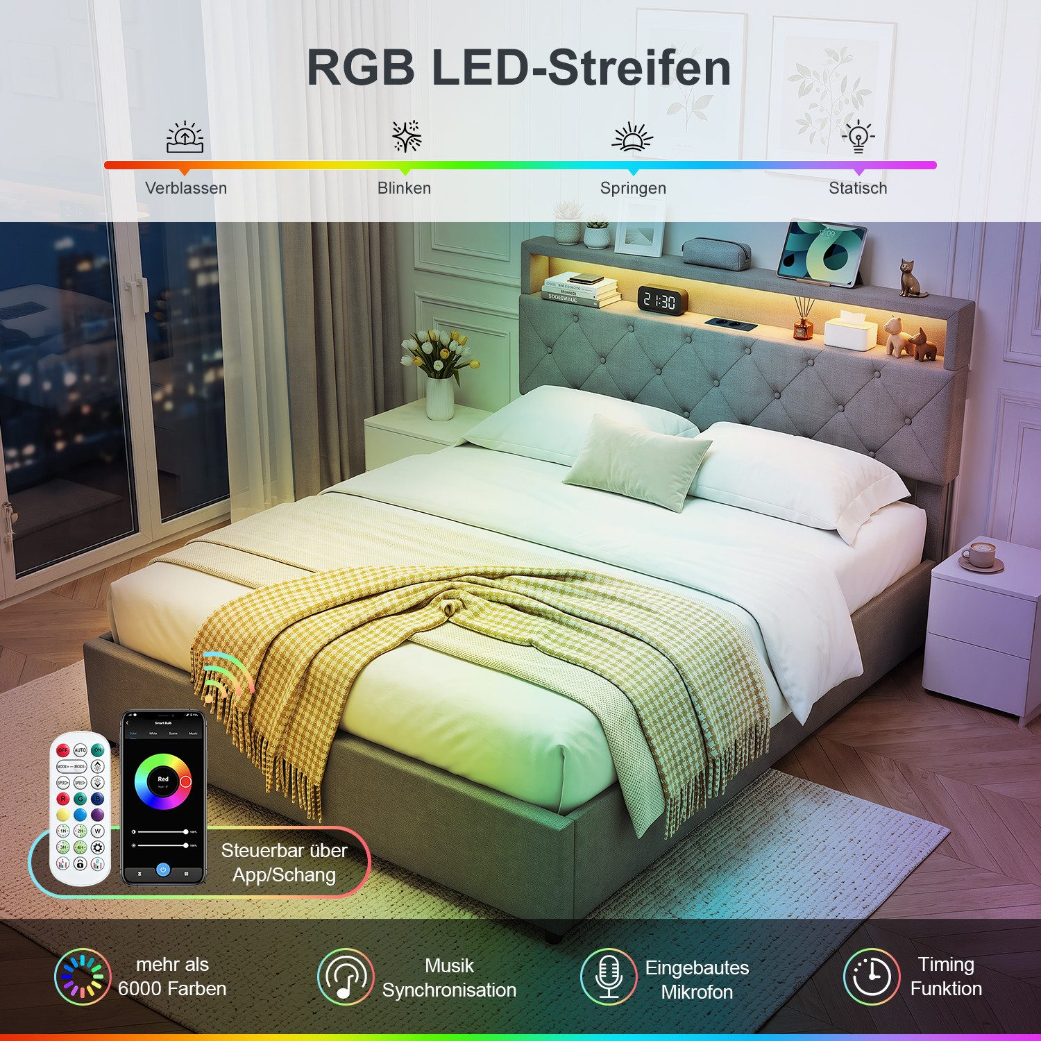 oyajia Stauraumbett LED hydraulisches Doppelbett (Leinenmaterial Polsterbett mit mit Lattenrost und Ladefunktion), Typ-C, USB-A, 2 Steckdosen,mit RGB Beleuchtun – Bild 3 von 5