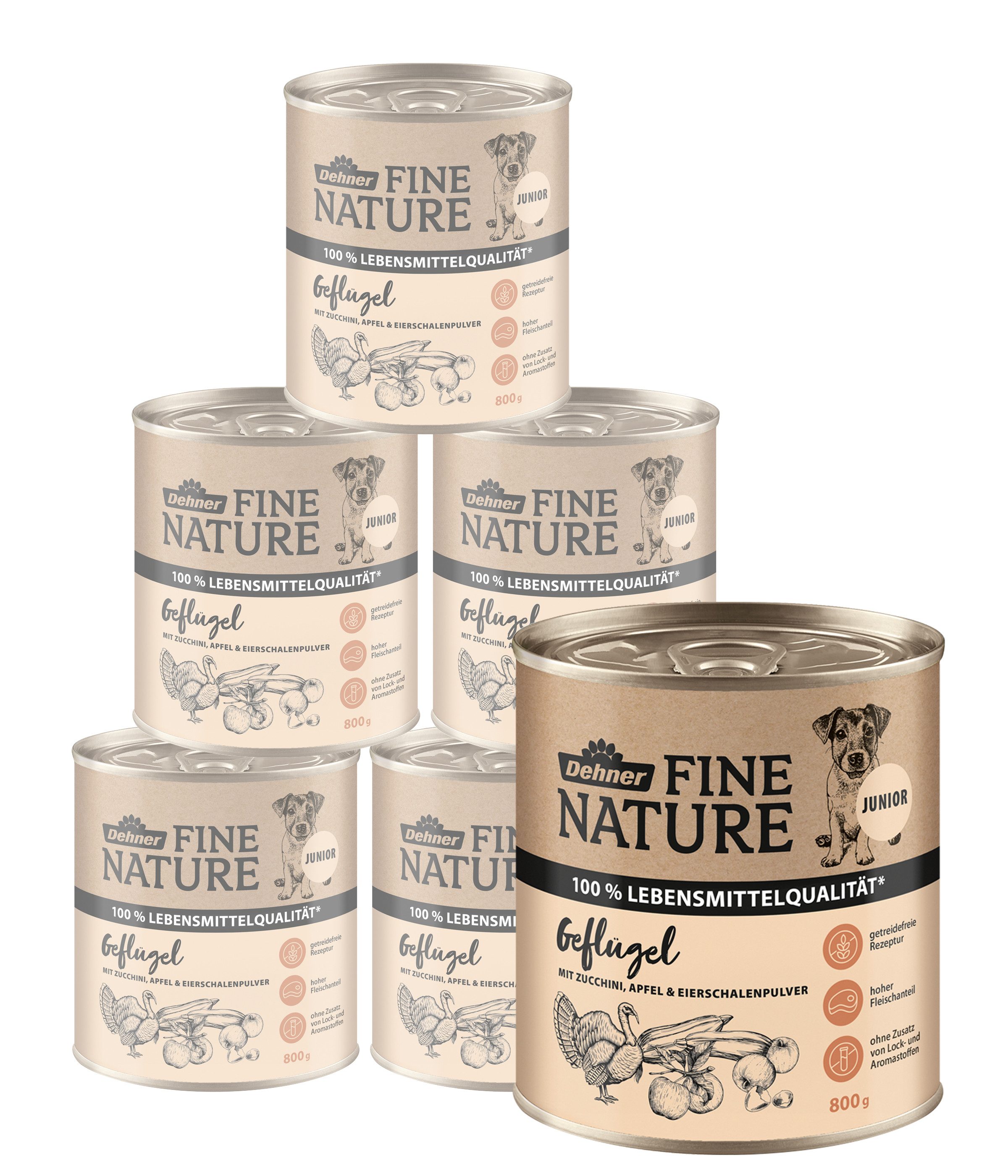 Dehner Fine Nature Junior Geflügel / Zucchini, 6 x 200 / 400 / 800 g Dose Geflügel, Nassfutter für: Hunde, Nassfutter für Welpen und junge Hunde