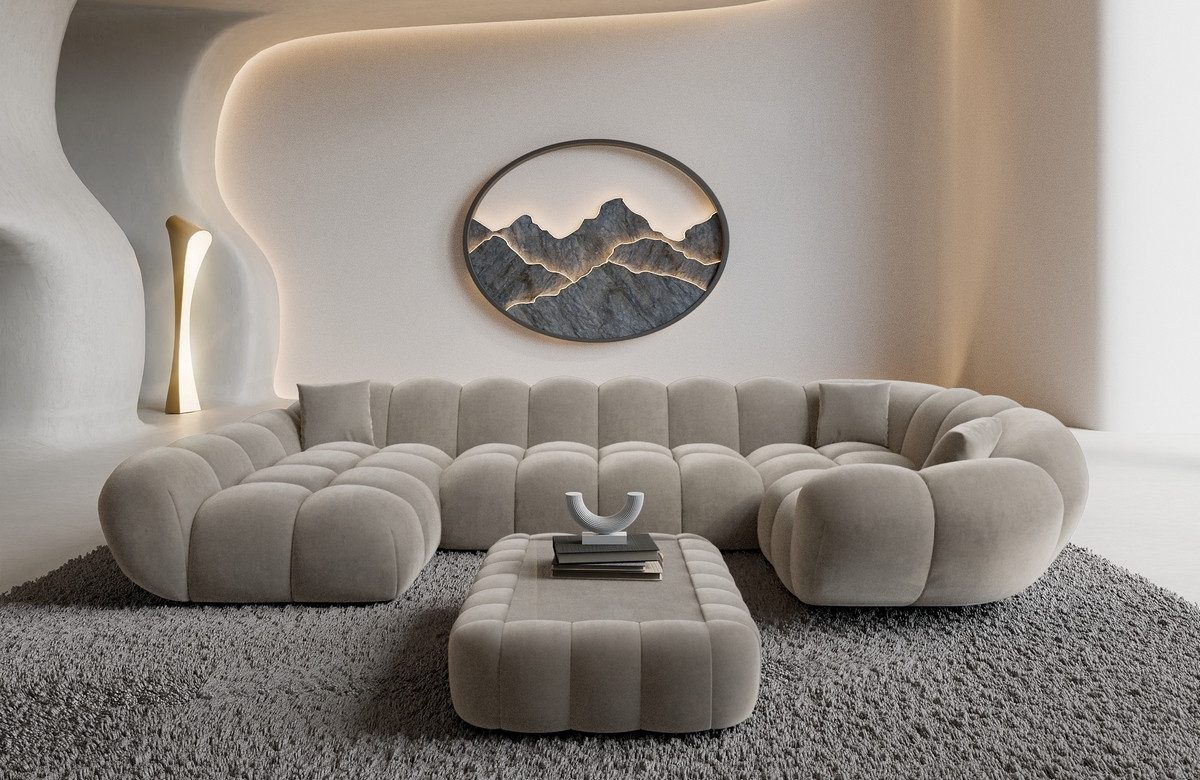 Sofa Dreams Wohnlandschaft Maleron U Form Design Stoffsofa, Stoff Polsterecke, 6-Sitzer, Ottomane links, Samtstoff Sand