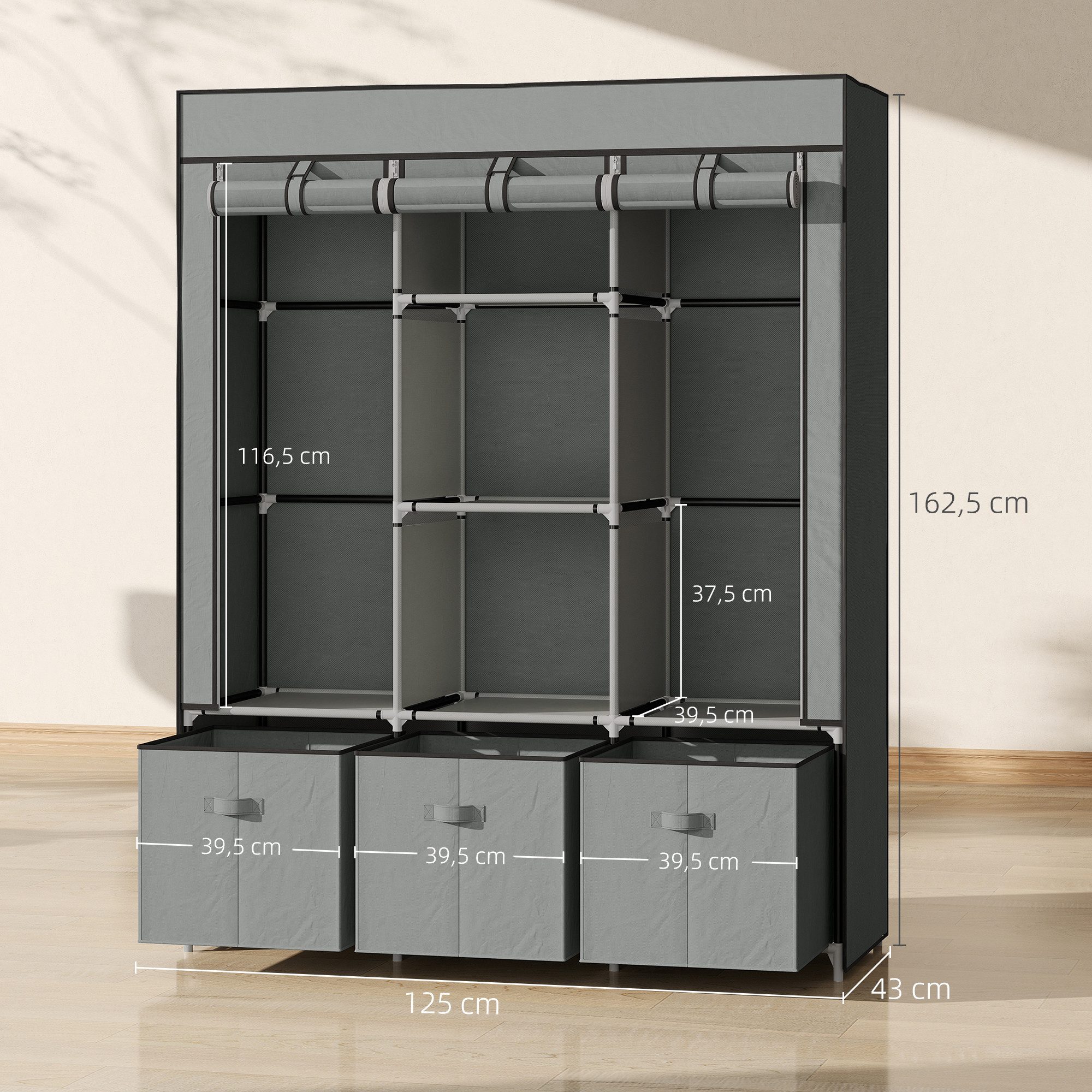 HOMCOM Stoffschrank Kleiderschrank mit Kleiderstange, Schubladen, Reißverschluss (faltbarer Kleiderschrank, 1-St., Faltschrank) für Schlafzimmer, Hellgrau, 125 x 43 x 162,5