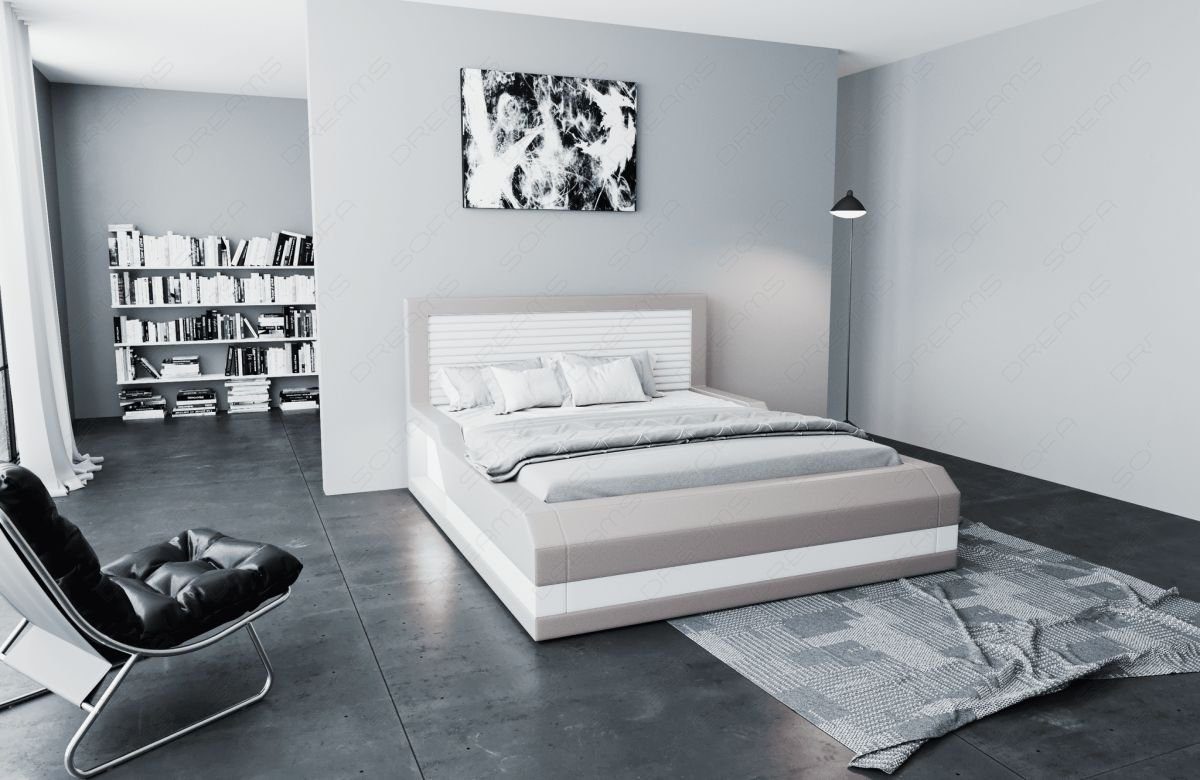 Sofa Dreams mit Treviso grau-weiß mit Bett mit LED Premium Komplettbett Beleuchtung mit Topper, Boxspringbett Kunstleder LED Matratze, Beleuchtung