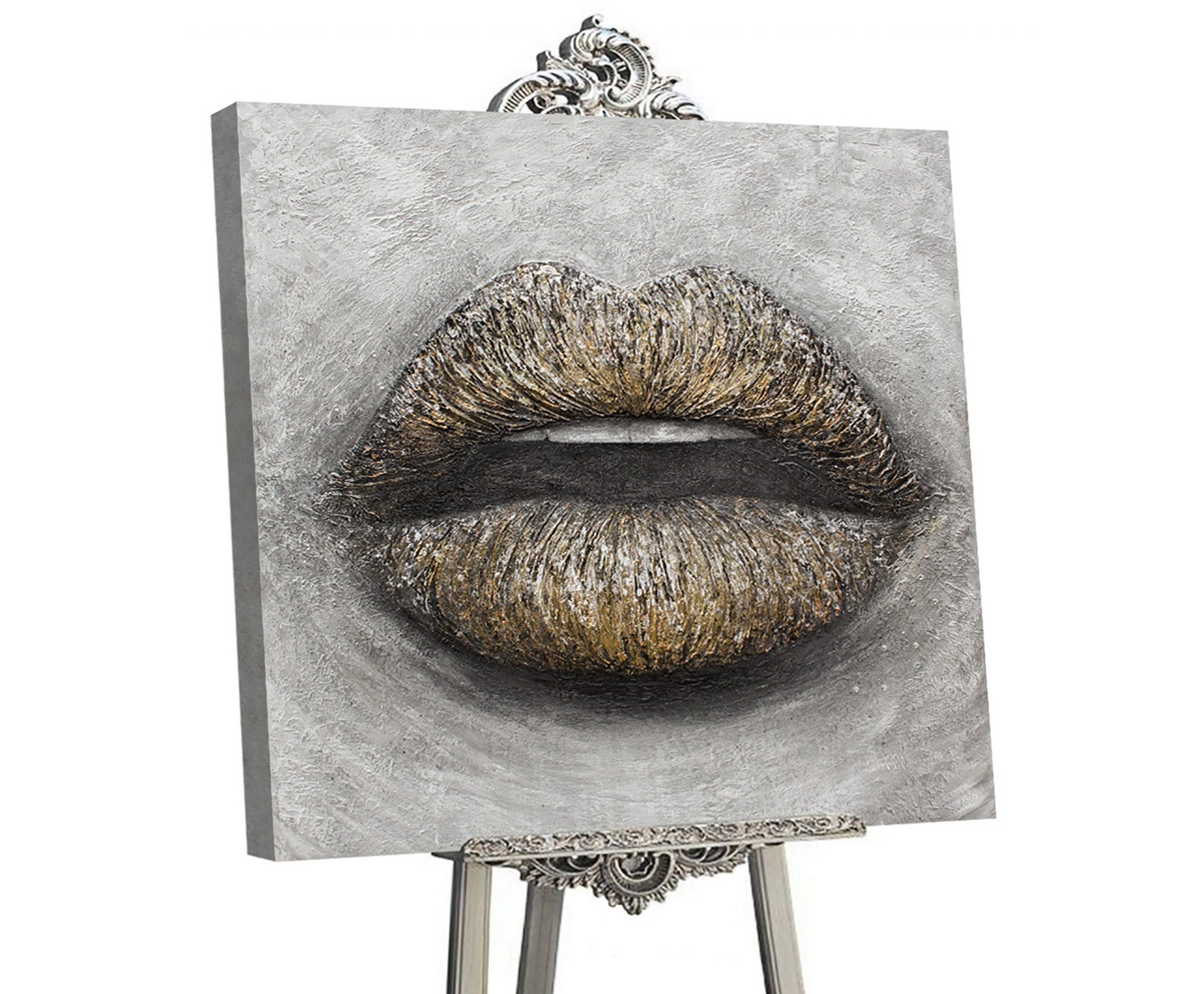 YS-Art Gemälde Sinnlicher Kuss, Lippen, Leinwand Bild Handgemalt Kuss Mund Glitzer Gold
