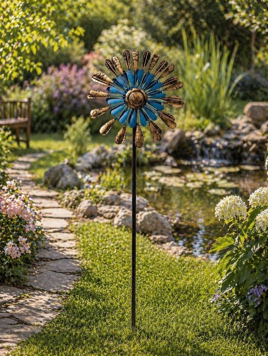Geschenkestadl Deko-Windrad Windrad Metall Blau Gold Gartenstecker 91cm/ 160 cm Garten Dekoration (Set, mehrteilig), Windrad in blau gold