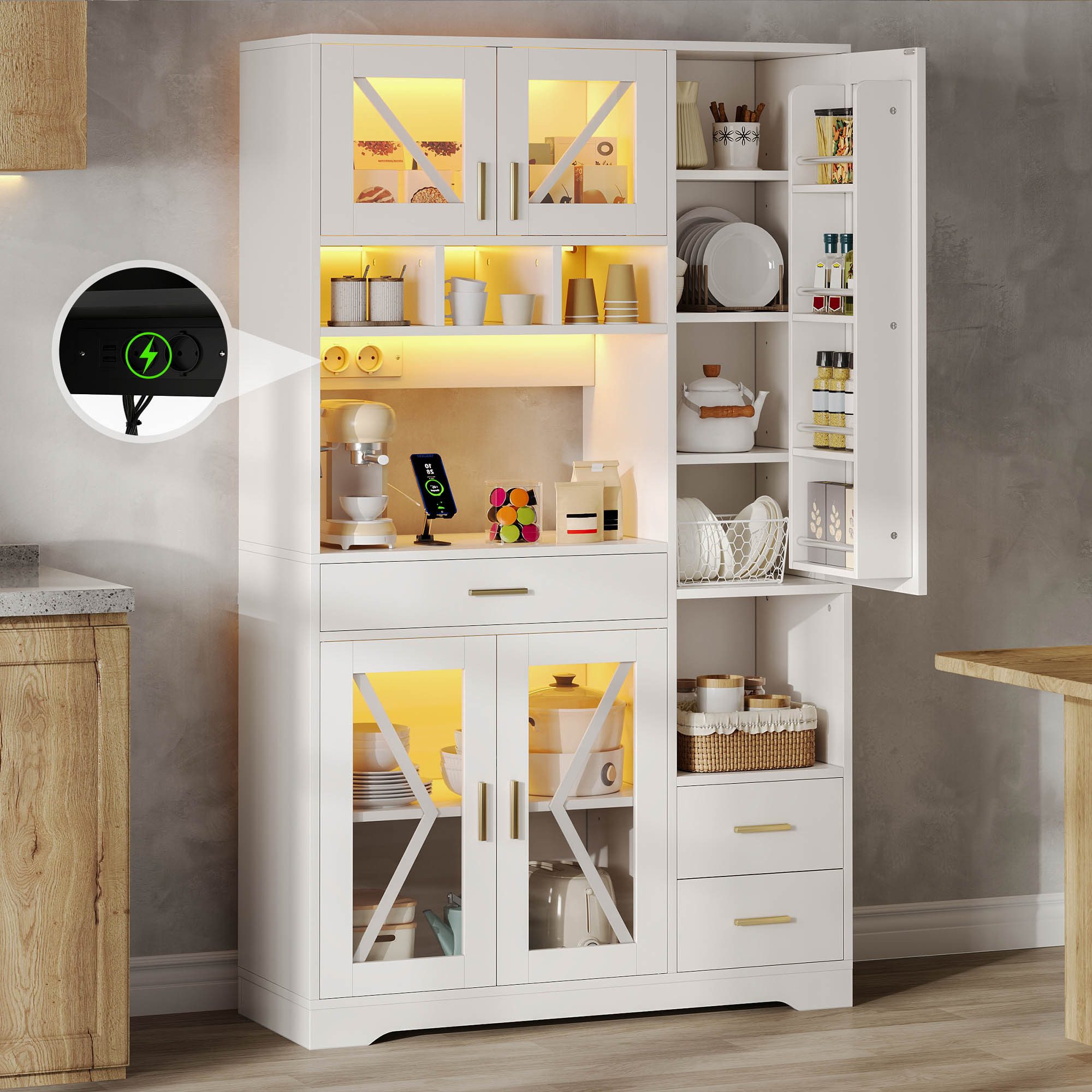 Flieks Küchenbuffet mit Steckdosen, LED-Beleuchtung und verstellbaren Einlegeböden (1-St., B105/T40/H185 cm) Hochschrank Küchenschrank mit Glastüren und Schubladen Weiß