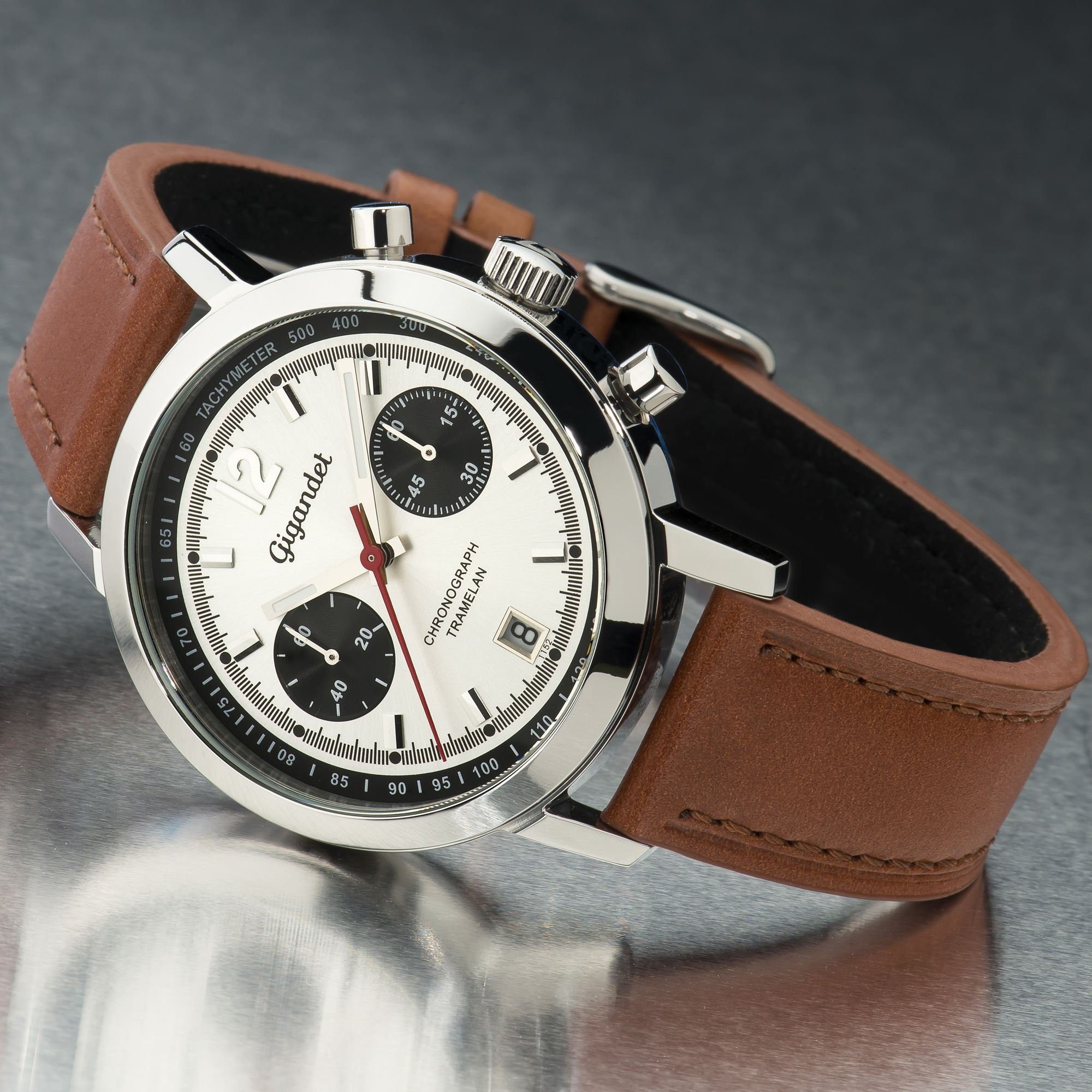 Gigandet Chronograph Armbanduhr, Herrenuhr, Sportuhr, 43mm, TRAMELAN G10-004, Mineralglas, Datumsanzeige, Lederband, 10bar/100m wasserdicht