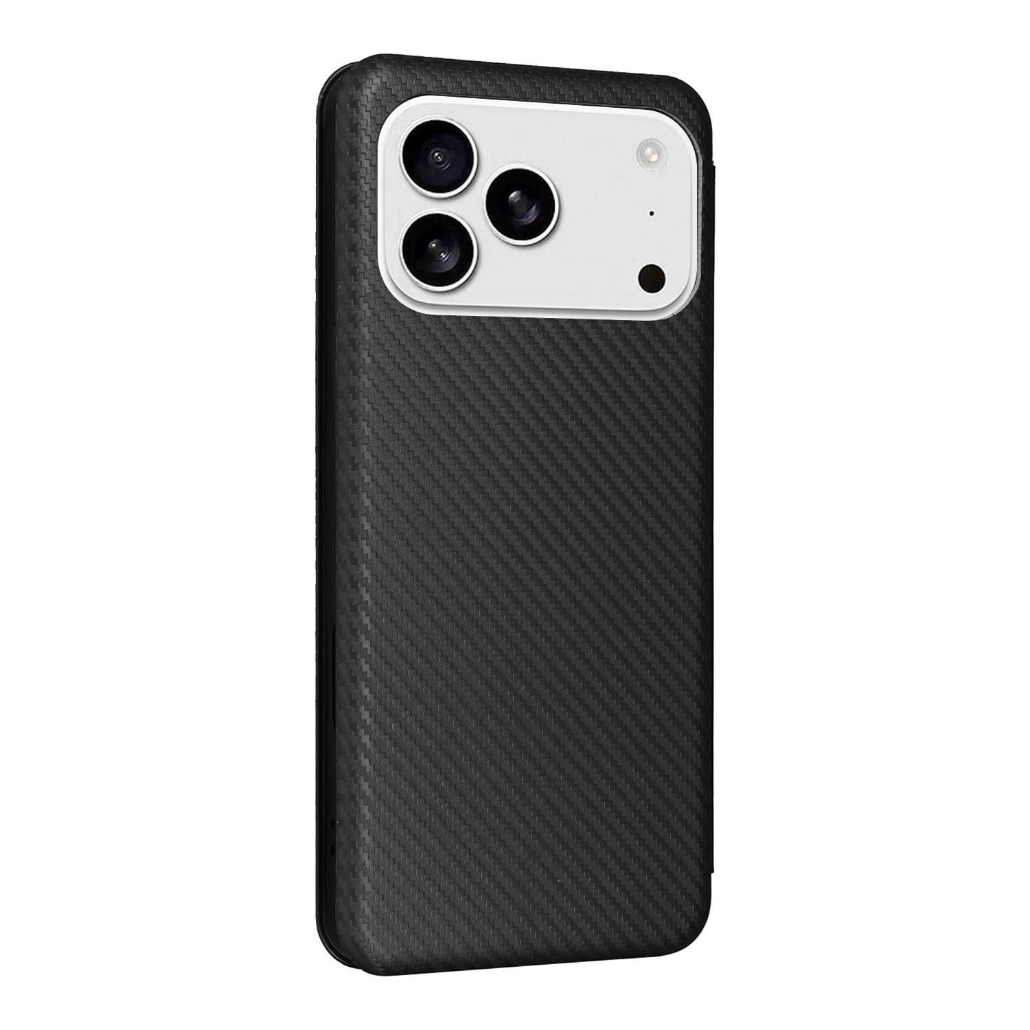 Wigento Smartphone-Hülle Für Apple iPhone 17 Pro Carbon Faser Textur Flip Schutz Hülle Schwarz, Carbon Faser Flip Schutzhülle mit Kartenfach und Ständer