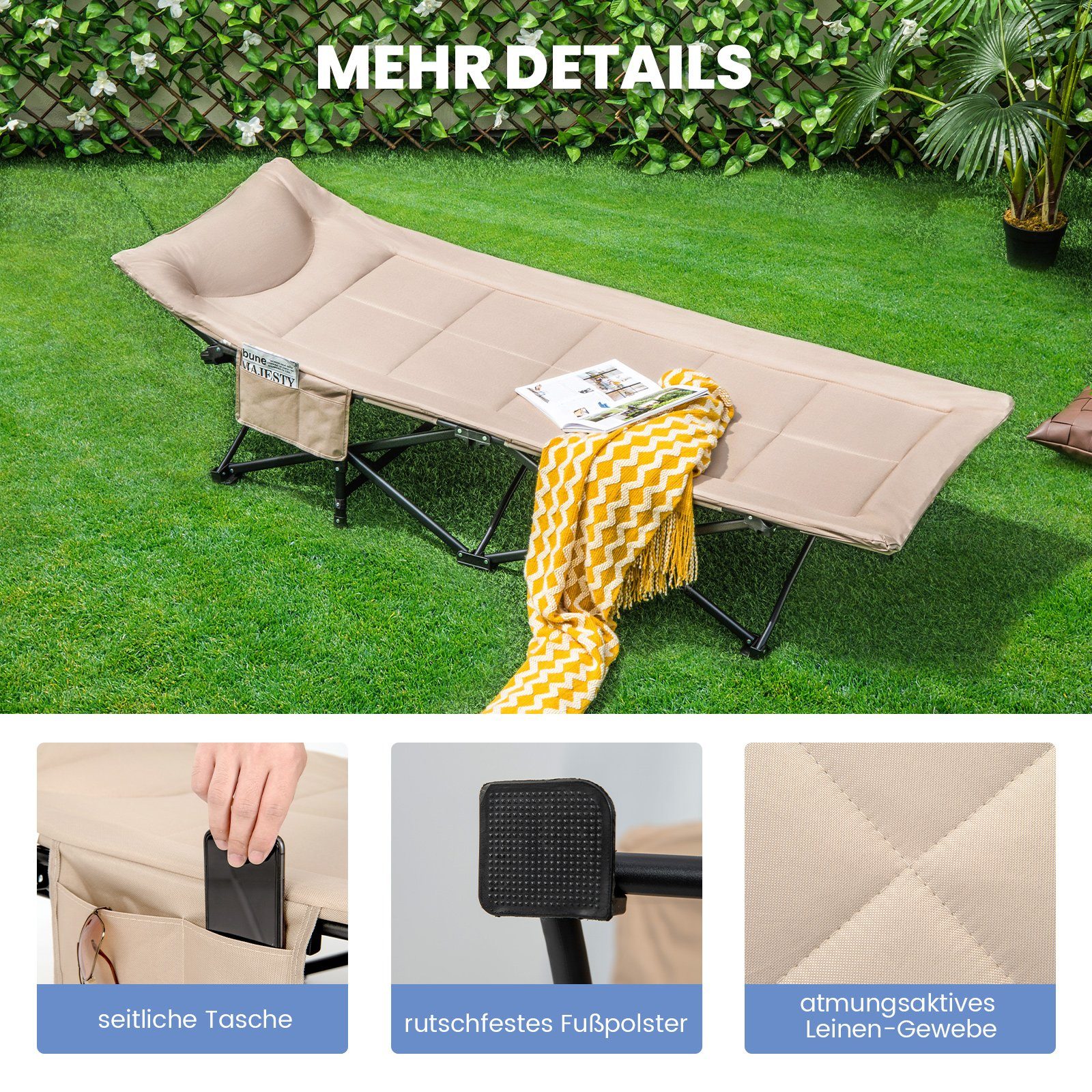 COSTWAY Feldbett Campingbett mit Seitentasche & Kopfstütze