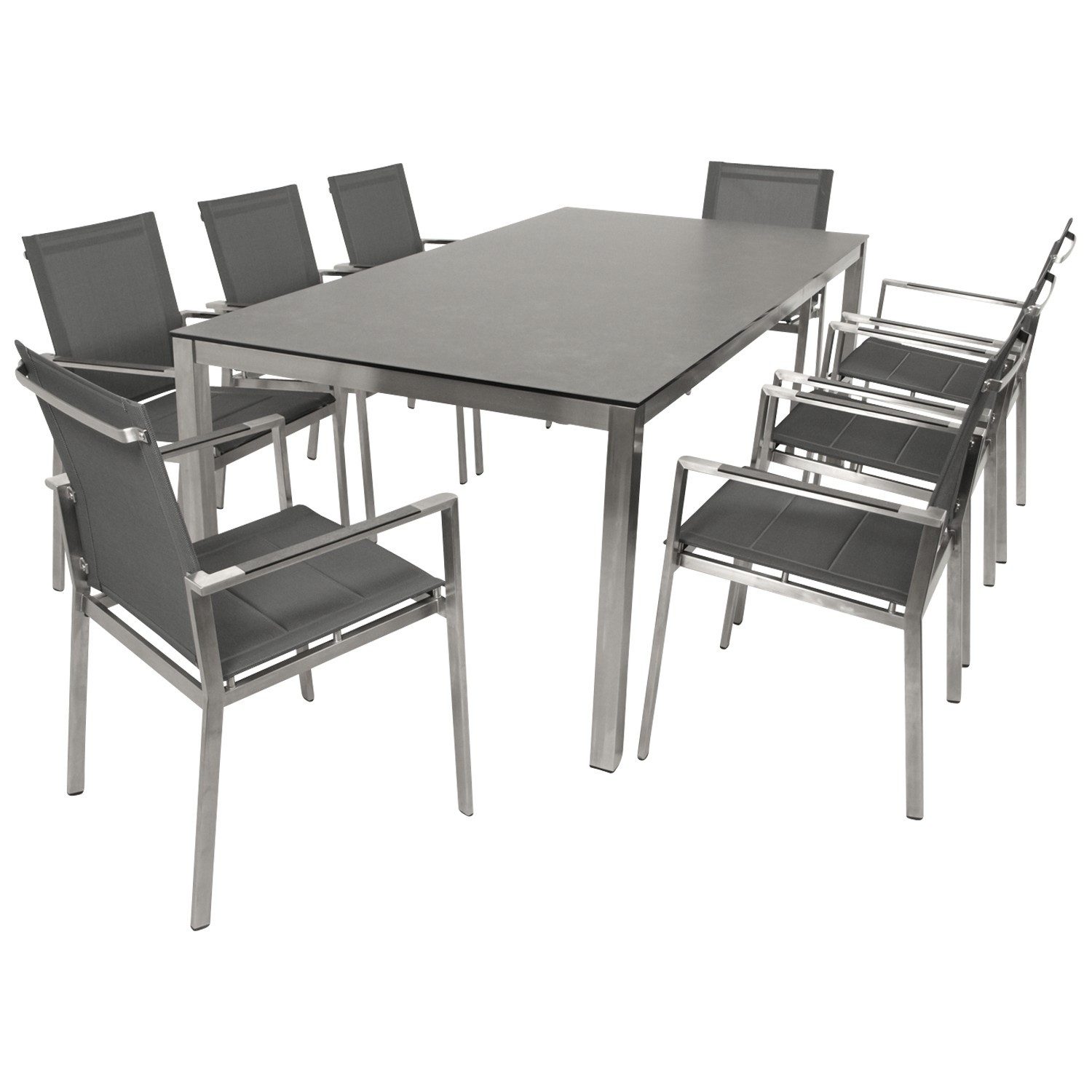 DEGAMO Garten-Essgruppe SYDNEY Edelstahl, (9-tlg., 8x Stapelsessel, 1x Tisch 200x100cm), Oberfläche gebürstet, Tischplatte Keramikoptik, wetterfest
