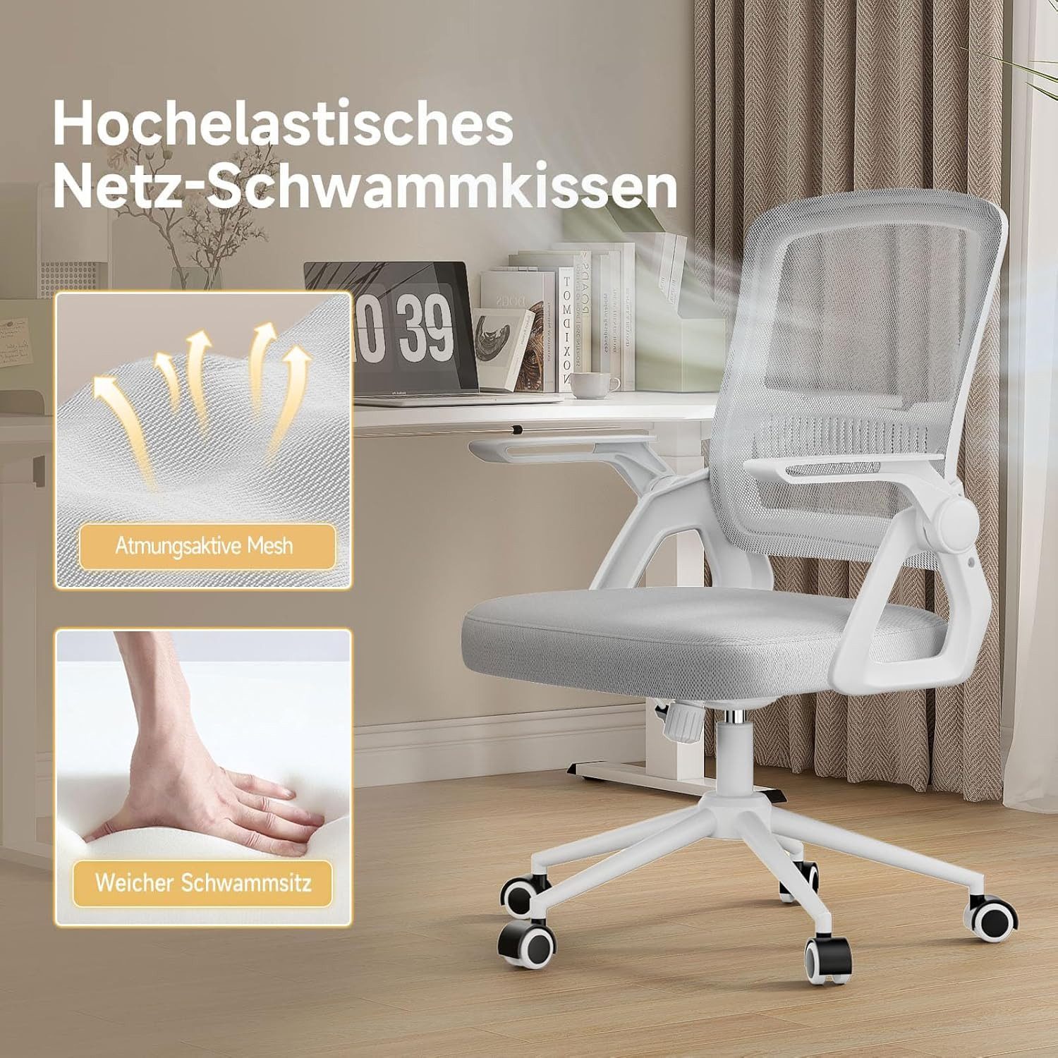 ZAISZE Bürostuhl Ergonomischer Bürostuhl mit Mesh-Rückenlehne und Lendenstütze (Verstellbarer Armlehnen, Atmungsaktiv, Höhenverstellbarer Schreibtischstuhl mit  – Bild 3 von 5