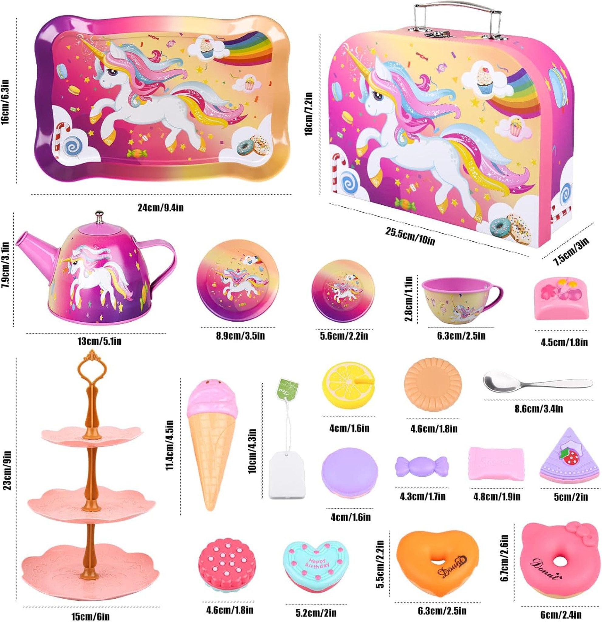LA CUTE Spielküche Einhorn Teeservice Kinder Rollenspiel 41-teilig inkl. Koffer Zubehör Geschenkidee, Farbenfrohes Einhorn-Design, robustes Zinn, fördert kreativ