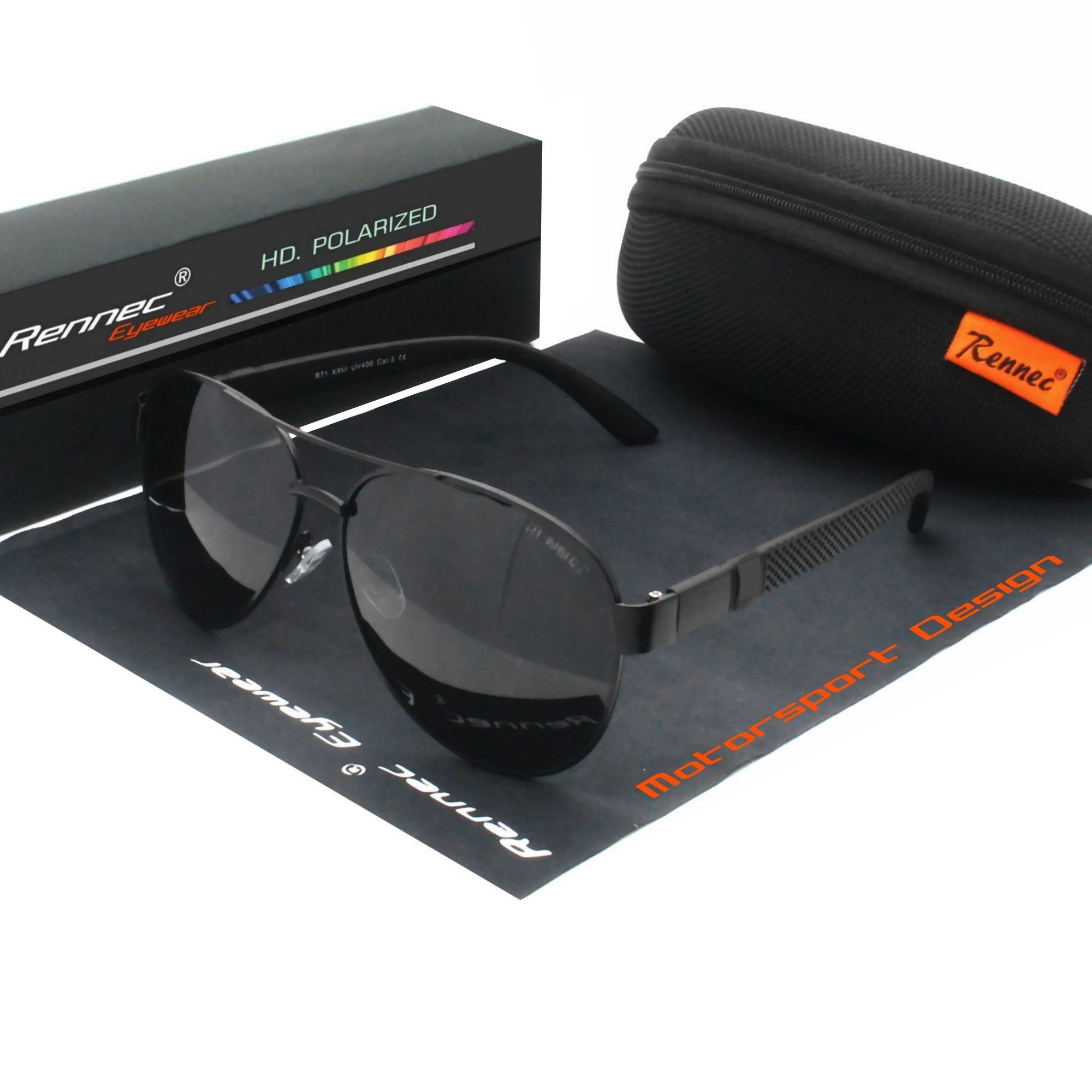 Rennec Pilotenbrille (Sonnenbrille Herren Pilotenbrille Damen Polarisiert Schwarz mit Hardcase) Große Polarisierte Gläser UV400, Brillenbügel im Motorsport Optik
