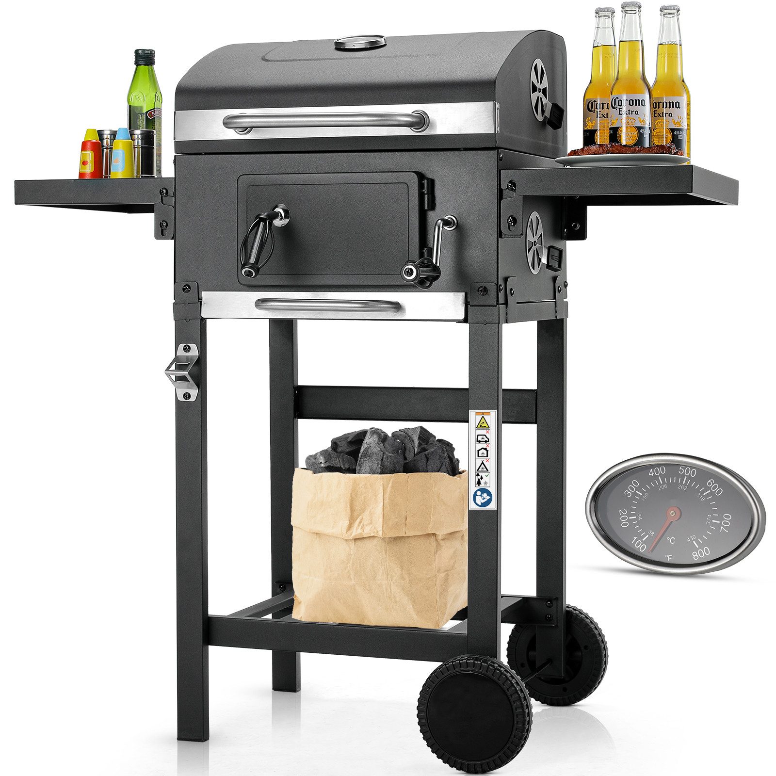 TLGREEN Holzkohlegrill Grill Grillwagen BBQ Smoker, Grillwagen Holzkohle, Höhenverstellbarer Grill, Standgrill für Camping, Garten, 96x98x44,5 cm