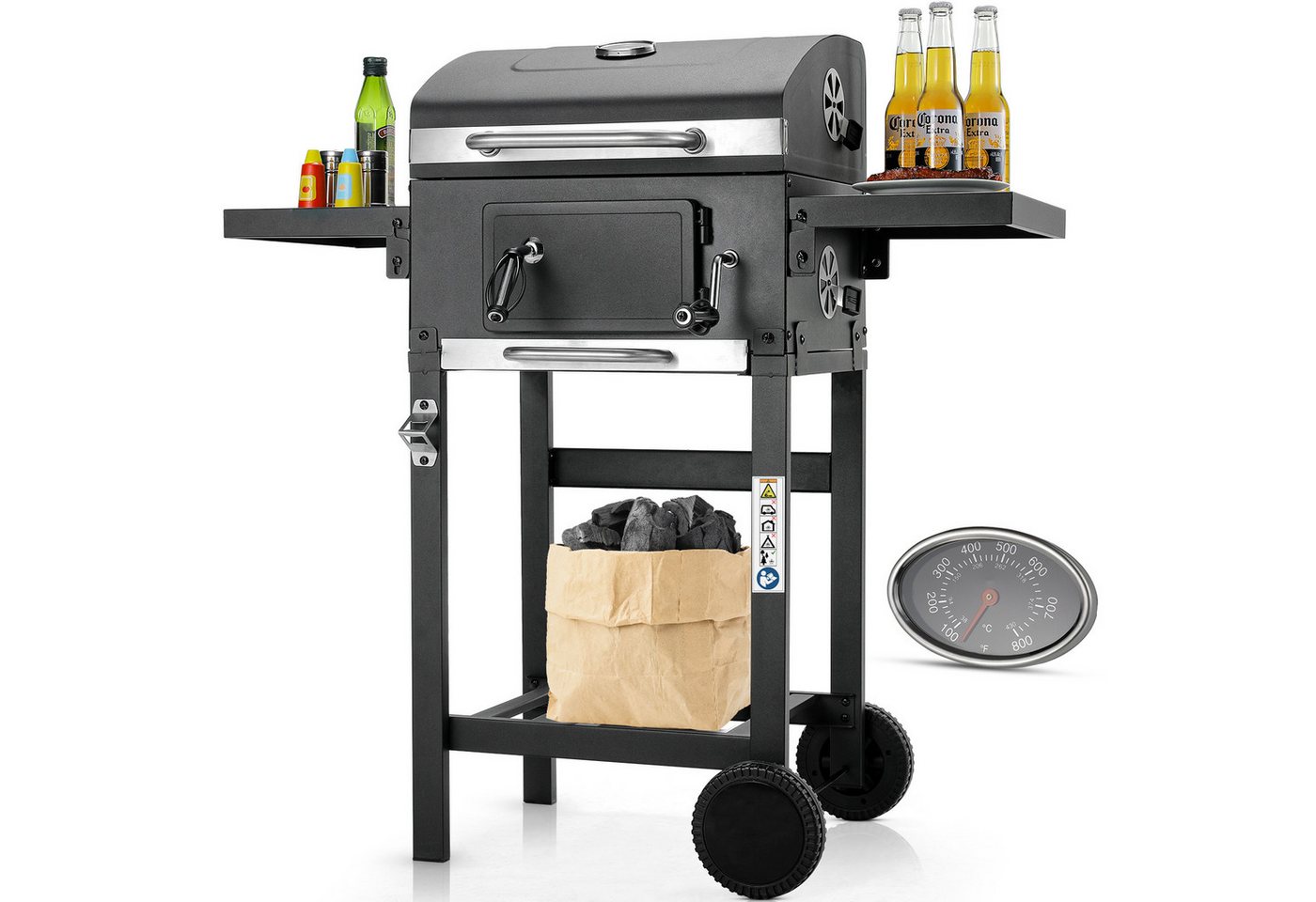 TLGREEN Holzkohlegrill Grill Grillwagen BBQ Smoker, Grillwagen Holzkohle, Höhenverstellbarer Grill, Standgrill für Camping, Garten, 96x98x44,5 cm