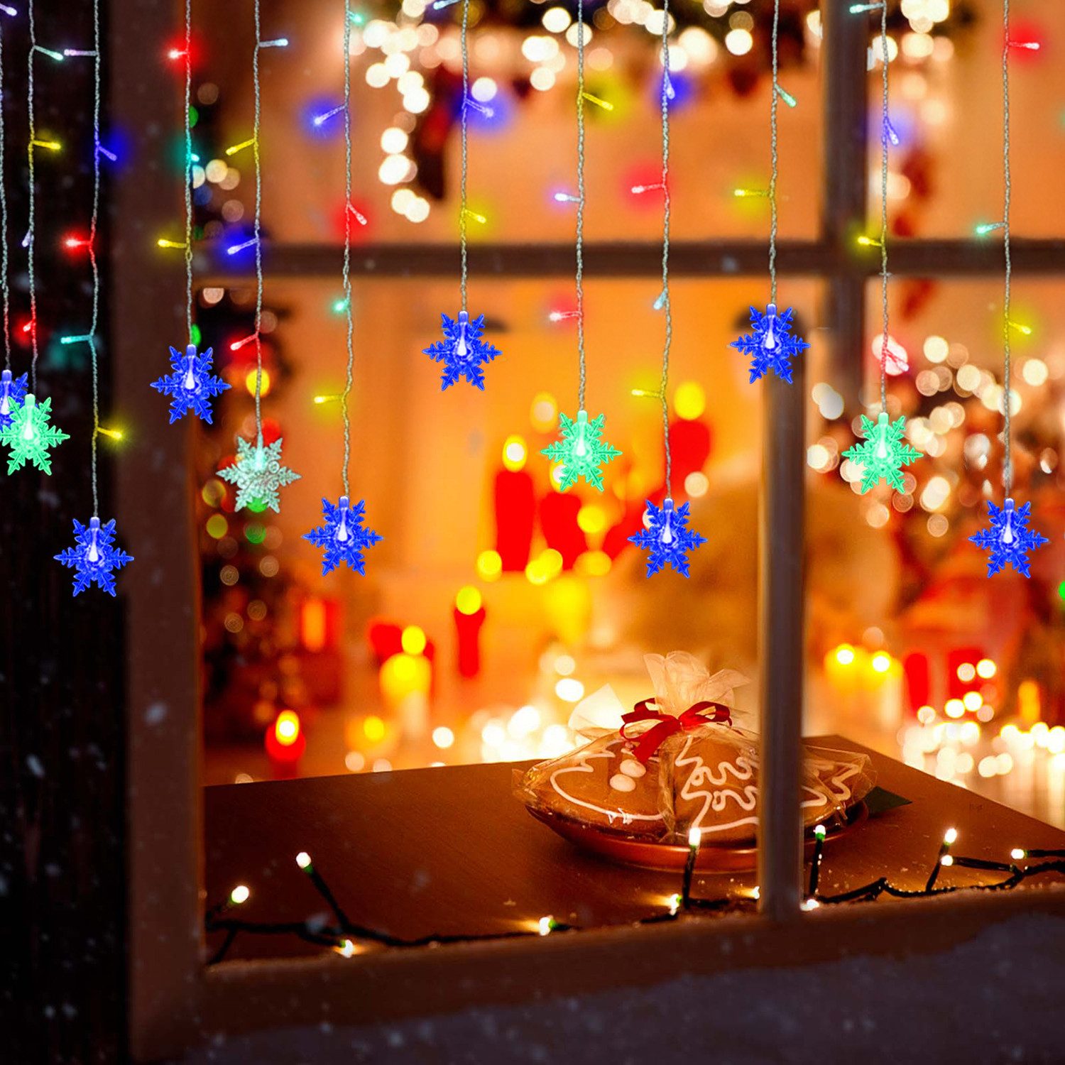 SERBASIC LED-Lichtervorhang Schneeflocken, 8 Modi, LED Lichterkette Timer fur Innen Außen, Bunt, Für Fenster, Balkon & Weihnachtsbeleuchtung