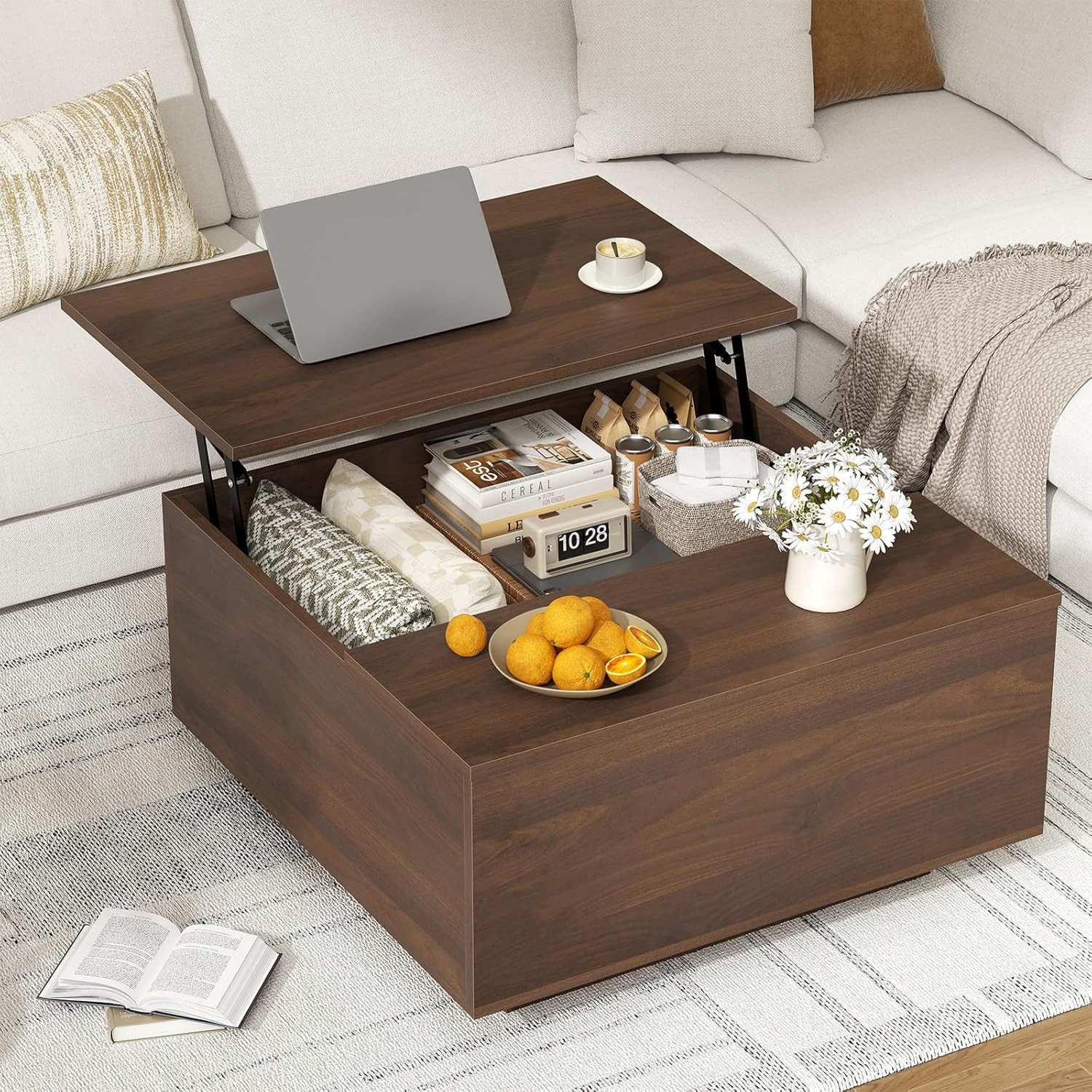 FABATO Couchtisch eckig höhenverstellbar mit verstecktem Staufach Landhaus-Design (1-St), für Wohnzimmer & Home Office