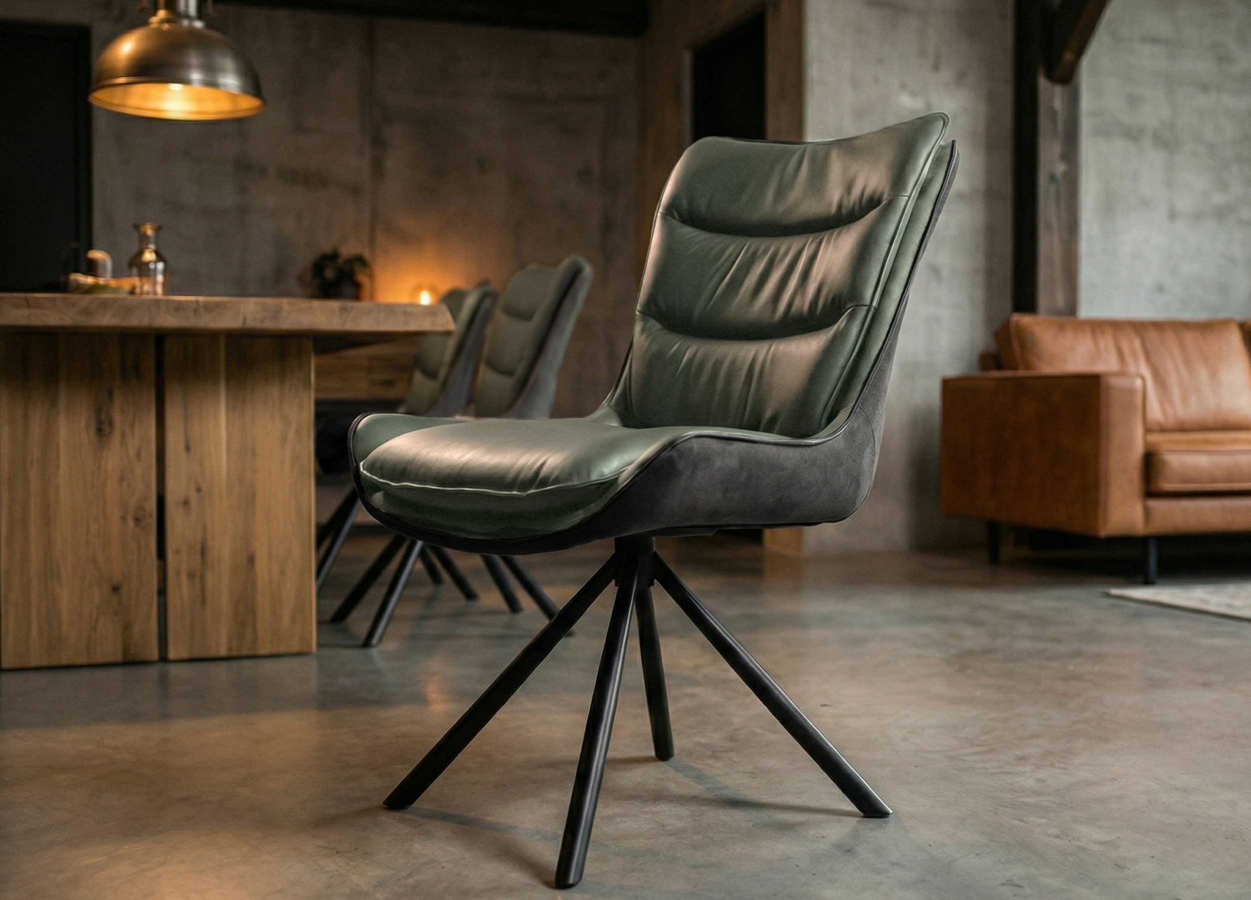 Massivart® Polsterstuhl drehbar 360 Grad, Esszimmerstuhl aus Echtleder & Stoff, »MAURICE«, Griff am Rücken · Metallgestell schwarz