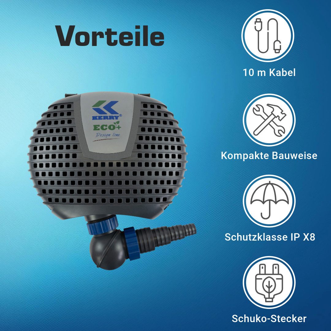 KERRY Teichpumpe ECO 12000 L/H, nur 85 Watt, Vorfilterkammer, 5,5m Förderhöhe