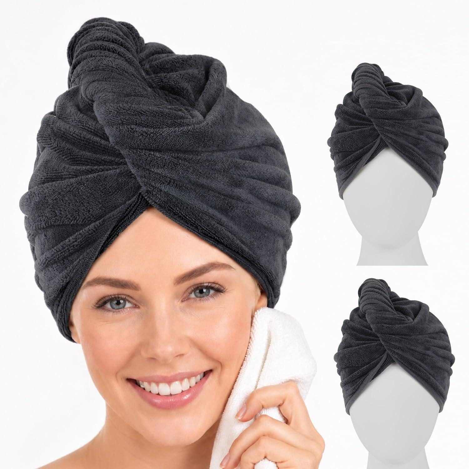 LuxusKollektion Turban-Handtuch Mikrofaser Haarturban 3er-Set Dunkelgrau, (3-St)