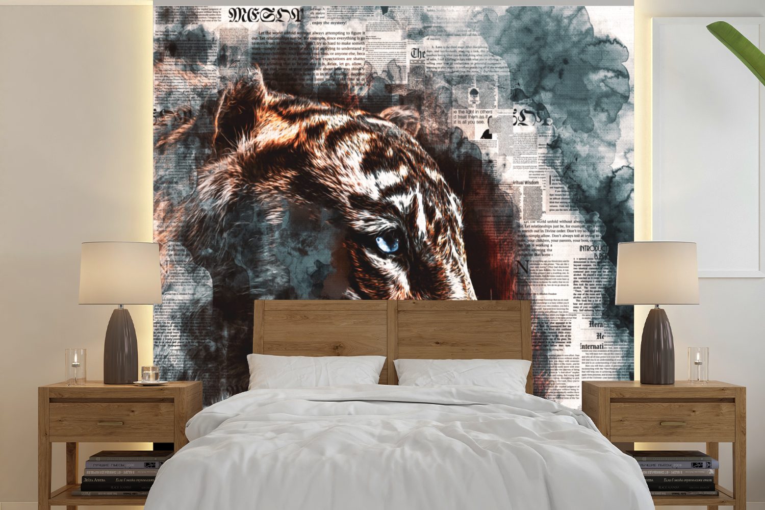 St), bedruckt, Wandtapete Wohnzimmer Kunst, (5 Fototapete - Vinyl Tiger für Schlafzimmer, - Tapete oder Matt, MuchoWow Zeitung
