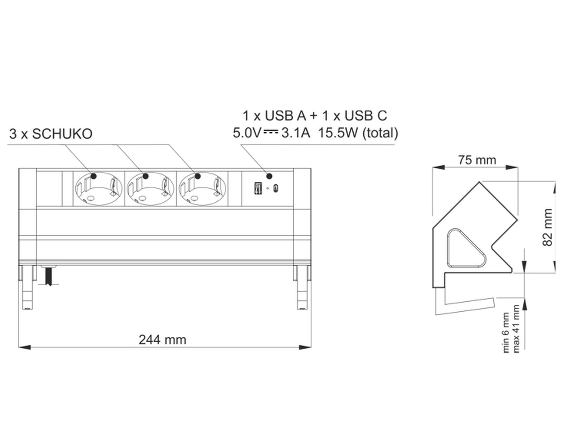 Designlight Tischsteckdose Aufbau USB A & C Steckdosenleiste Schreibtisch Büro Mehrfachsteckdose (Kabellänge 1.50 m)
