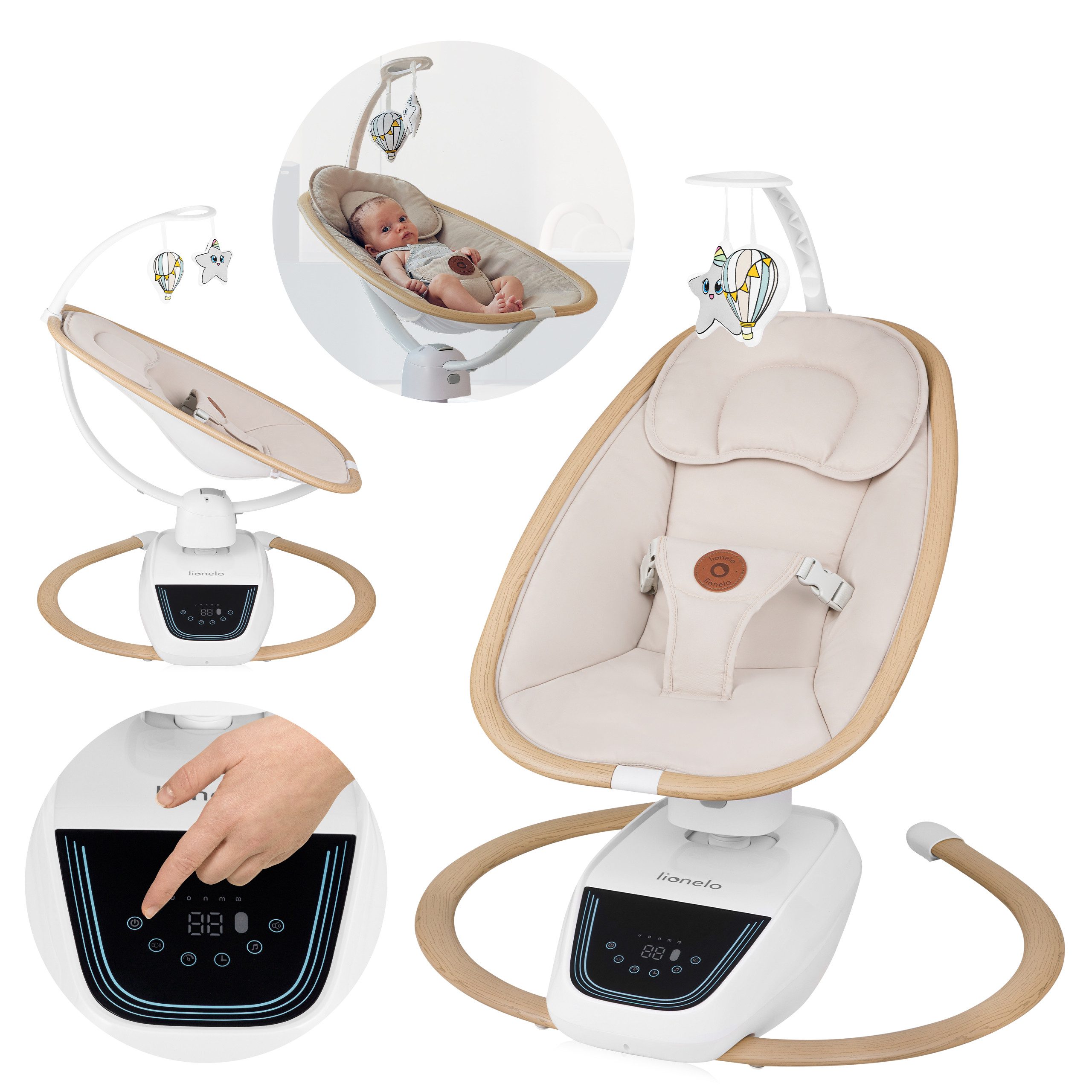 lionelo Babywippe OLIVIA, 180°-Sitz/5 Schaukelmodi/4 Stufen/Timer/13 Melodien/USB