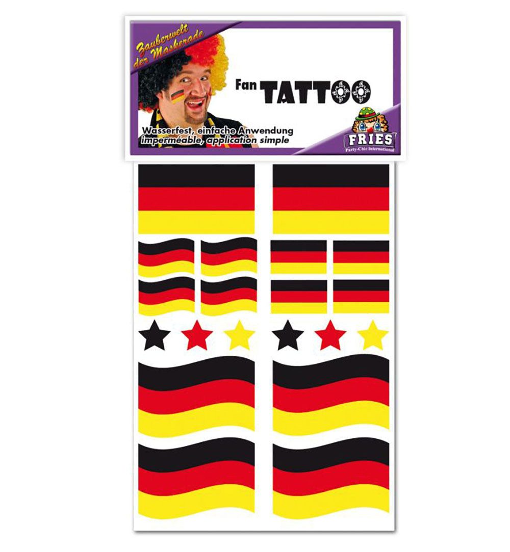 Fries Schmuck-Tattoo 1 Bogen Haut Tattoo Aufkleber Wasserfest EM Fußball Schwarz Rot Gold, 1-tlg.