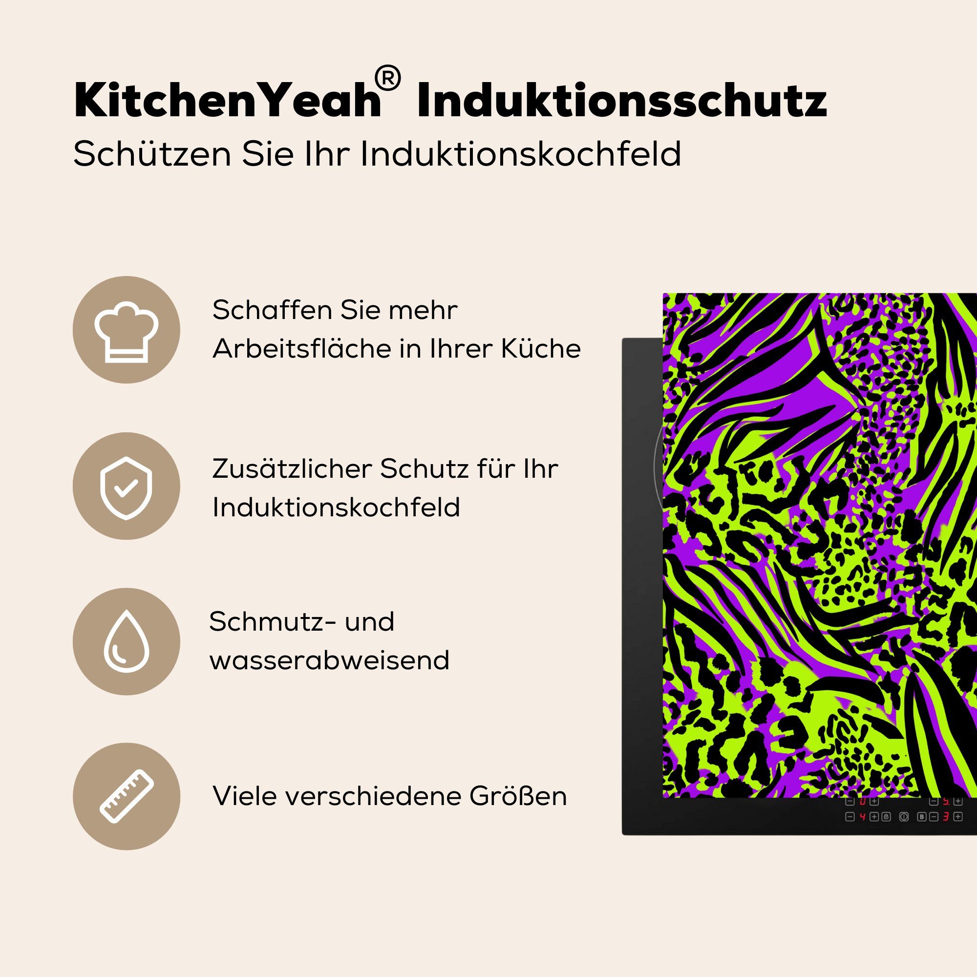küche, (1 Ceranfeldabdeckung die tlg), 59x52 Neon, Vinyl, cm, - Herdblende-/Abdeckplatte Induktionsmatte - Tiere Muster für MuchoWow