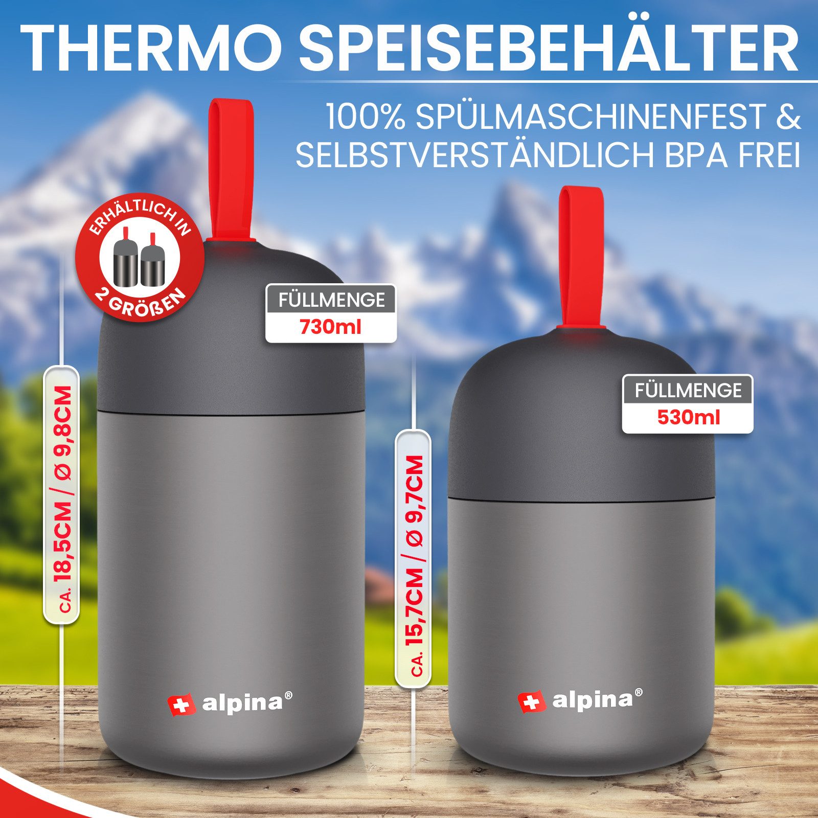 Alpina Thermobecher Thermobehälter Thermo Becher Essensbehälter Lunchbox 530 ml, Edelstahl, mit Druckausgleich und faltbarem Löffel hält extra lange warm/kalt