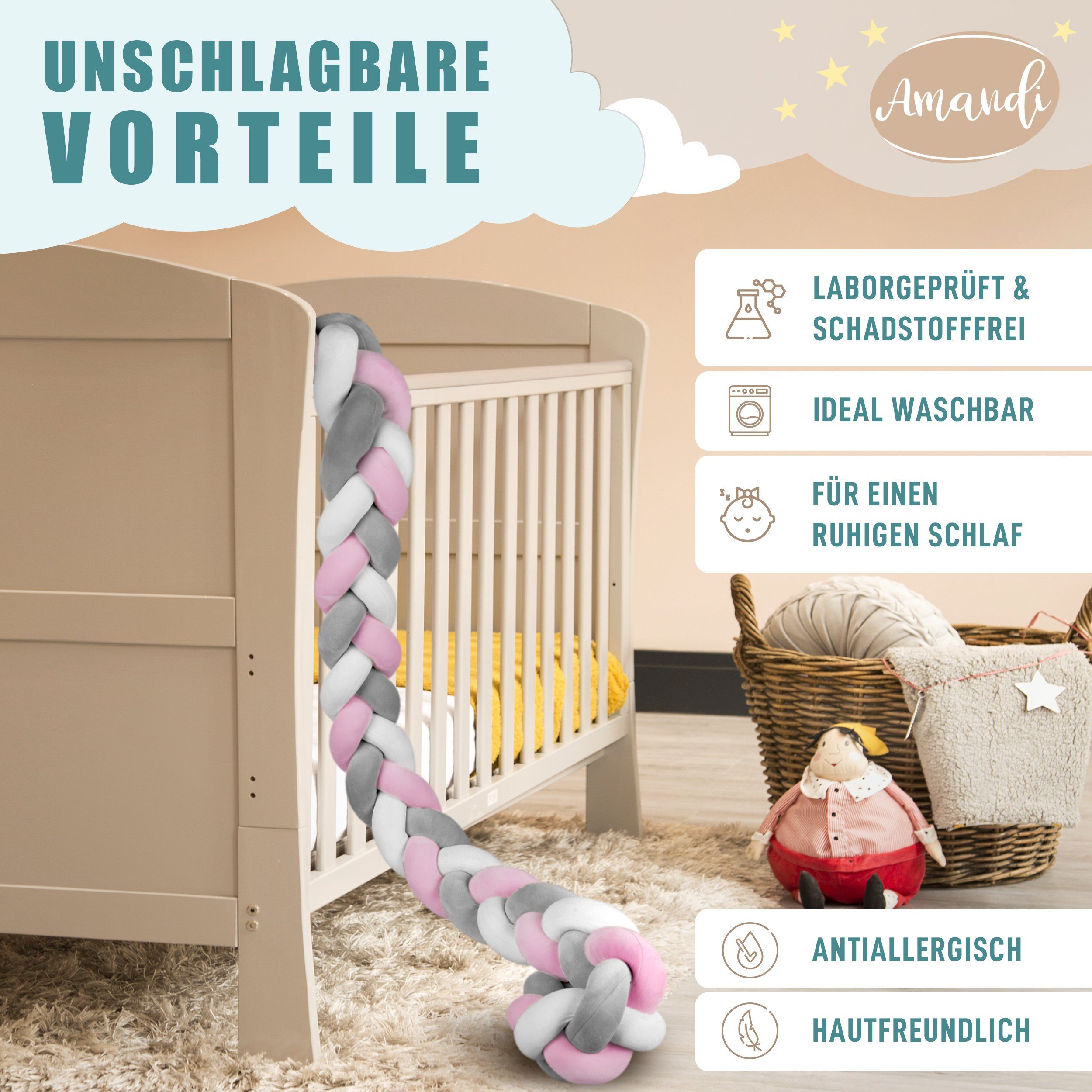 Amandi Bettnestchen - Bettschlange - 2m Bettumrandung fürs Babybett - laborgeprüft, - Babynest geflochten - Sichere Bettumrandung