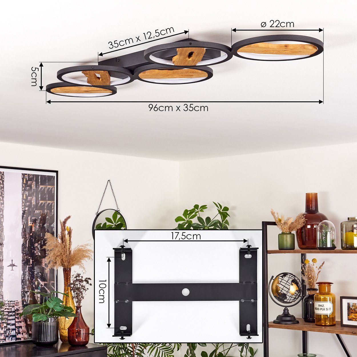 hofstein Deckenleuchte dimmbare Deckenlampe aus Metall/Holz/Kunststoff in Schwarz/Natur/Weiß, LED fest integriert, 3000 Kelvin, Leuchte Länge 96cm, 42 Watt, 600 – Bild 4 von 5