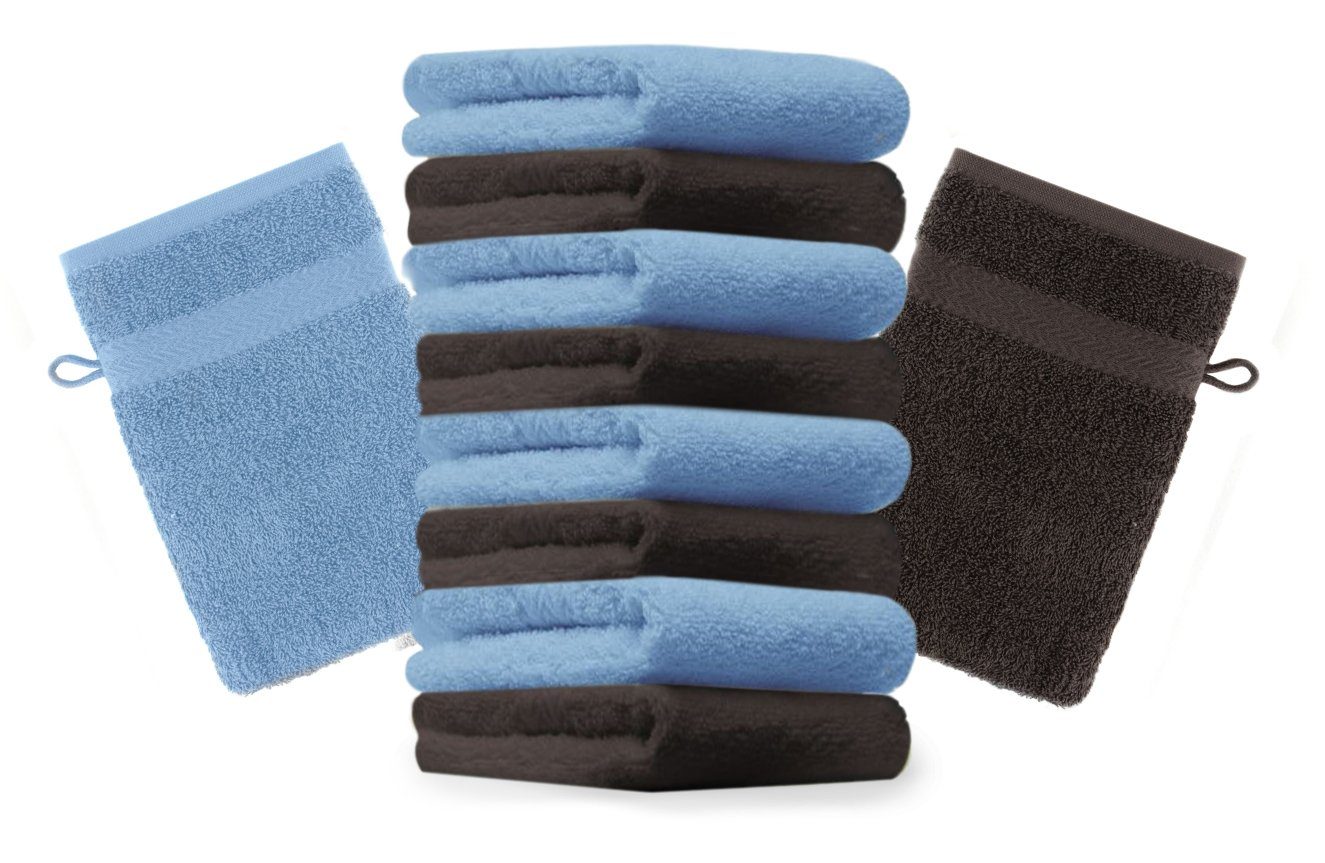 Betz Waschhandschuh 10 Stück Waschhandschuhe Premium 100% Baumwolle Waschlappen Set 16x21 cm Farbe hellblau und Dunkelbraun (10-tlg)