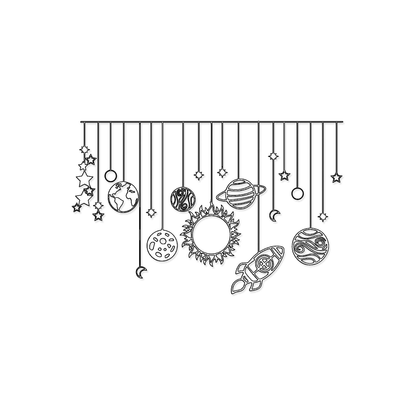 Jumpeak Wanddekoobjekt Hängendes WeltallMotiv, Sonne, Planeten, Raketen,Silhouettenkunst, Metall, 4 Farben, 3 Größen, Kinderzimmer Wandornament,Traumhaft