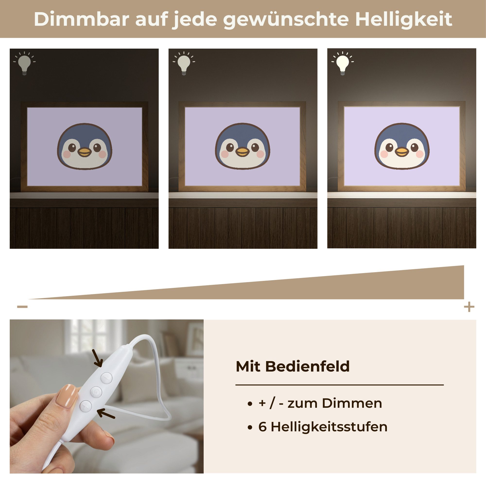 OnlyWow Wandleuchte Lightbox Pinguin - Lila - Niedlich - Mädchen, Dimmbar, Farbwechsel, LED, Warmweiß, Kaltweiß, Neutralweiß Einstellbar, Wandlampe Innen, Dimmbar, mit Kabel, LED, Modern, Schlafzimmer