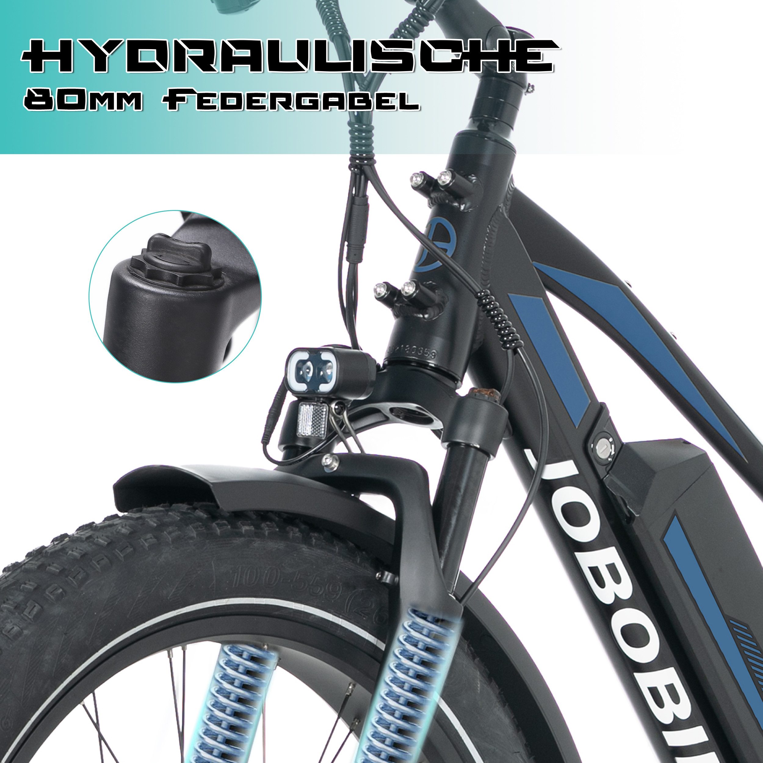 JOBOBIKE E-Bike Mountainbike 26x4 Zoll, Elektrofahrrad, max. 180km, Robin Pro, für Damen und Herren, 8 Gang Shimano, Kettenschaltung, Heckmotor, 960 Wh, Federgabel, Gefederte Sattelstütze, 5 Stufen, Bremslichtfunktion, MTB