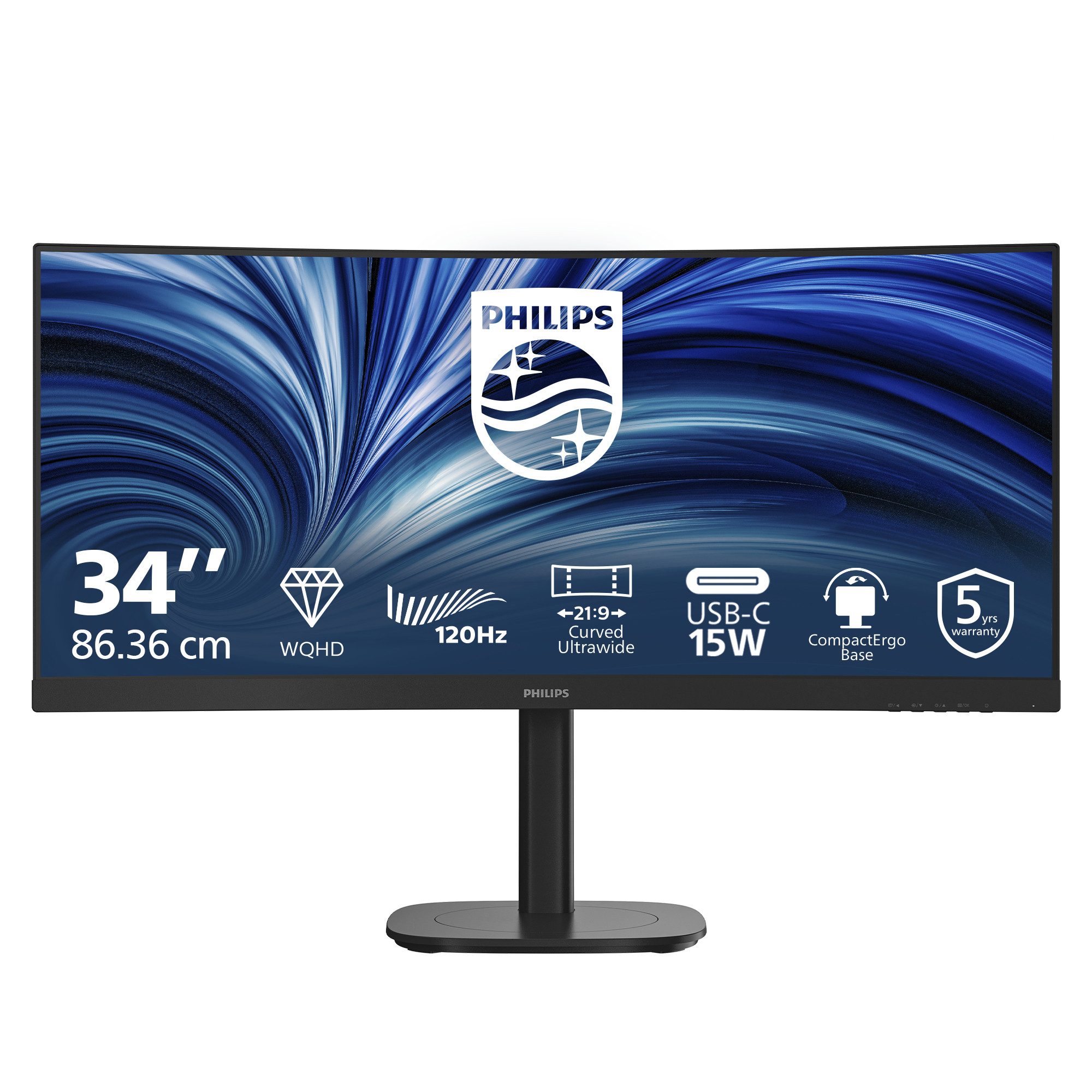 Philips TFT 34B2N3500C/00 86.5cm VA 34/3440x1440/DP/2xHDMI/USB-Hub TFT-Monitor (3440 x 1440 px, Wide Quad HD, 4 ms Reaktionszeit, 120 Hz, VA, Curved, Lautsprecher, HDCP, HDR, Höhenverstellbar)