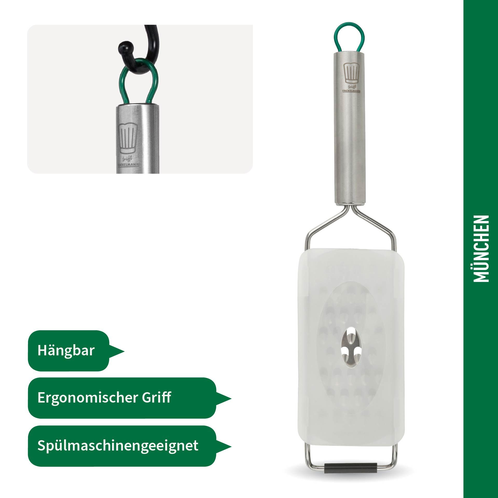 Chefkoch trifft Fackelmann Küchenreibe München, aus Edelstahl, Reibe grob – hochwertige Ausführung, Edelstahl, (1-St), perfekt für Küchenprofis, spülmaschinengeeignet