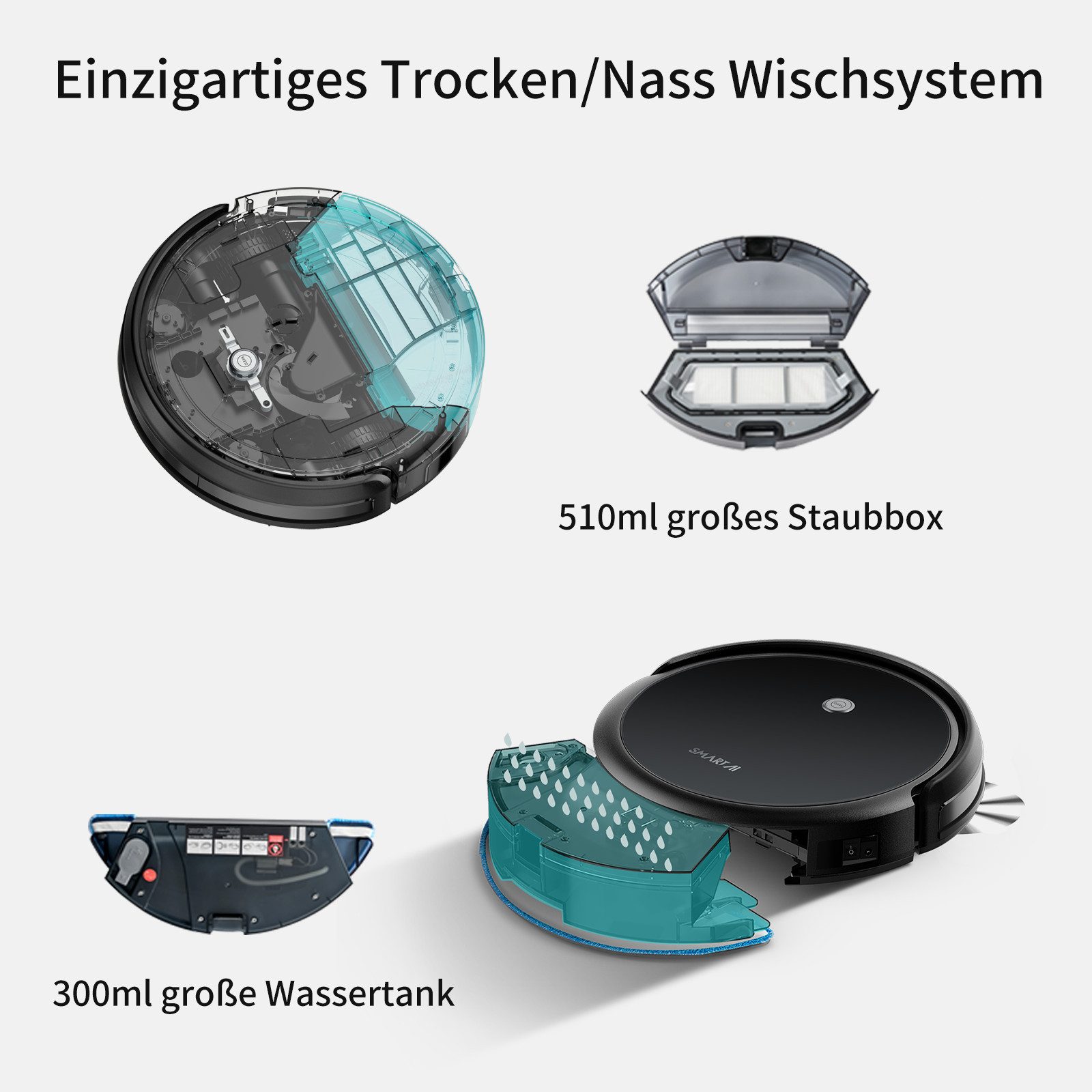 SMARTAI Nass-Trocken-Saugroboter 360 Smartai G50, beutellos, Ladefunktion, Wischfunktion, Saug- Wischroboter, Appsteuerung