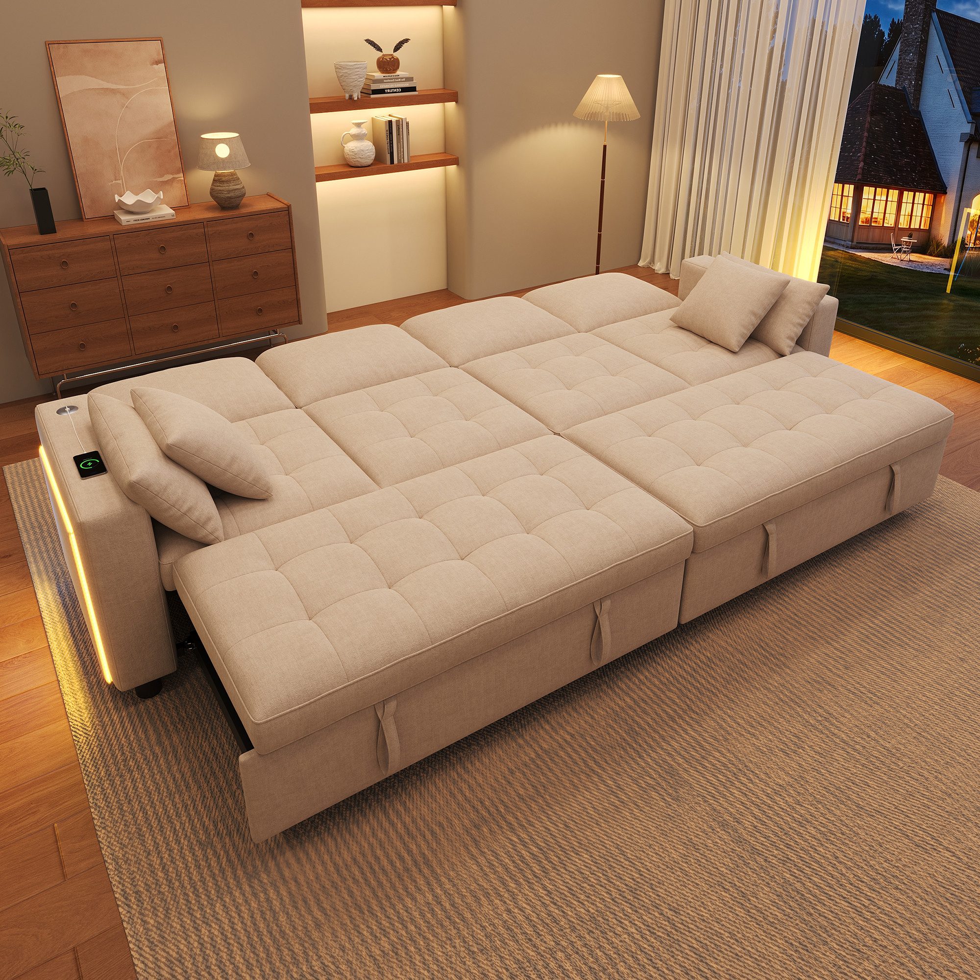 i@home Schlafsofa 4-Sitzer Schlafsofa,Big Sofa mit Schlaffunktion, Chenille,260 cm breit, LED-Beleuchtung, 3-fach verstellbare Rückenlehne,Modulares Sofa, beige